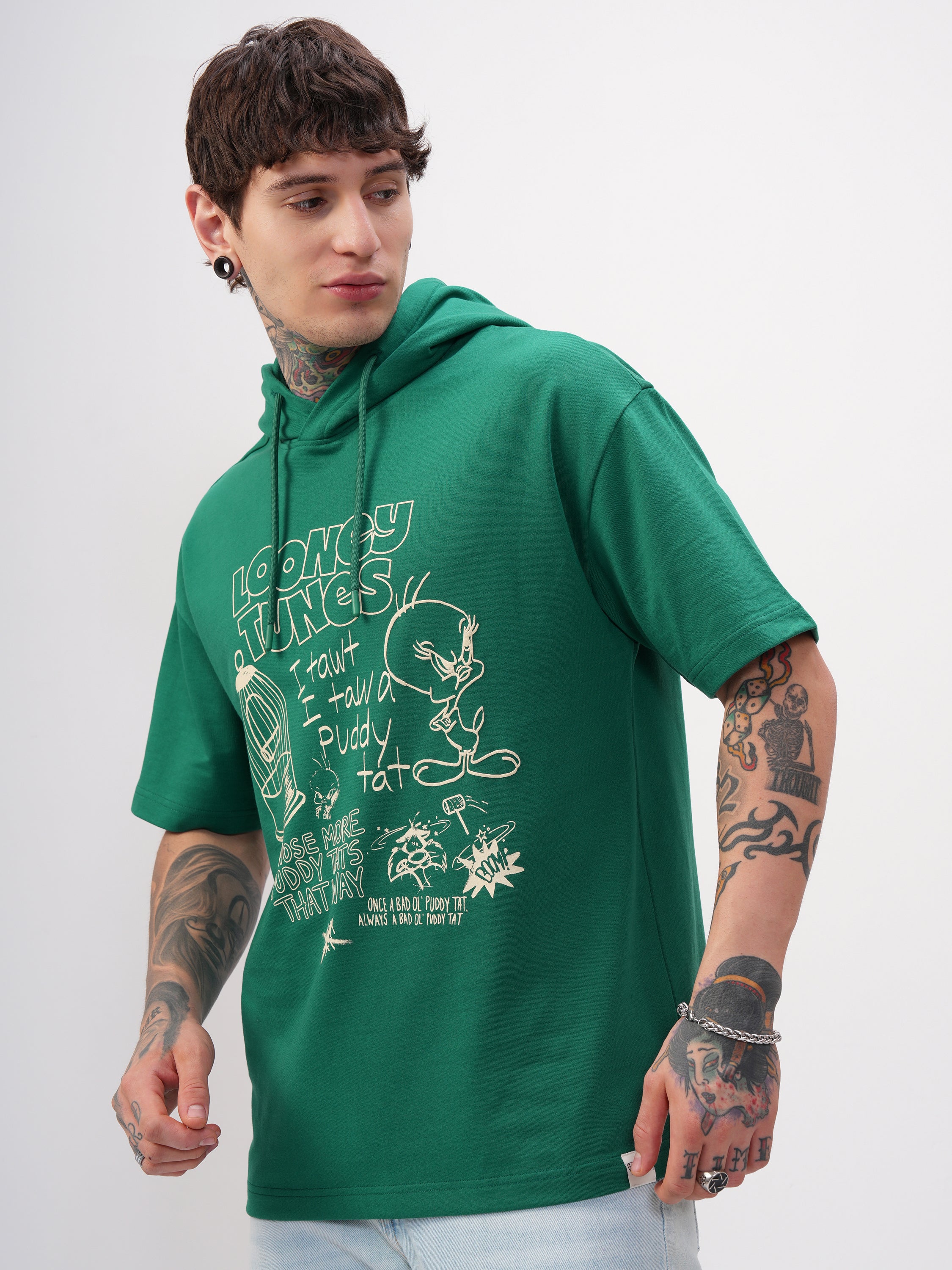 WB By Highlander Men Green Looney Tunes Printed Hood Oversized Fit T-Shirt - Green - Image 4
