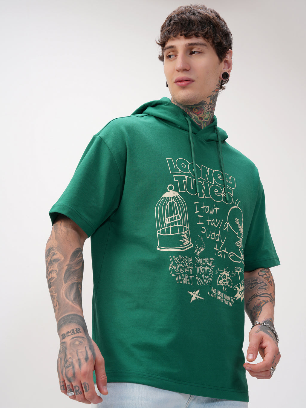 WB By Highlander Men Green Looney Tunes Printed Hood Oversized Fit T-Shirt - Green - Image 6