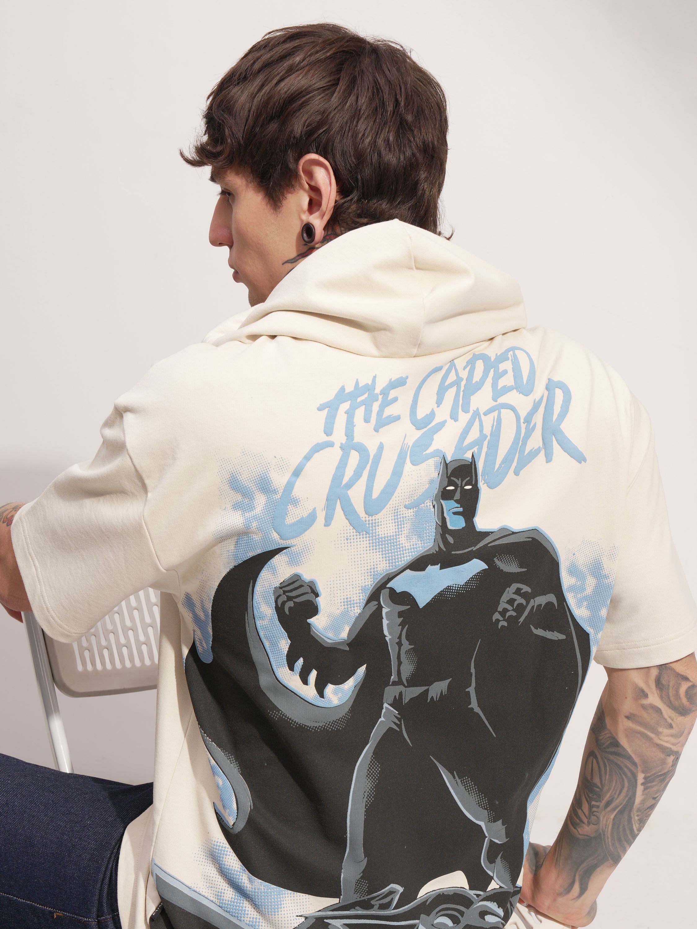 DC By Highlander Men Cream Batman Printed Hood Oversized Fit T-Shirt - Cream - Image 1