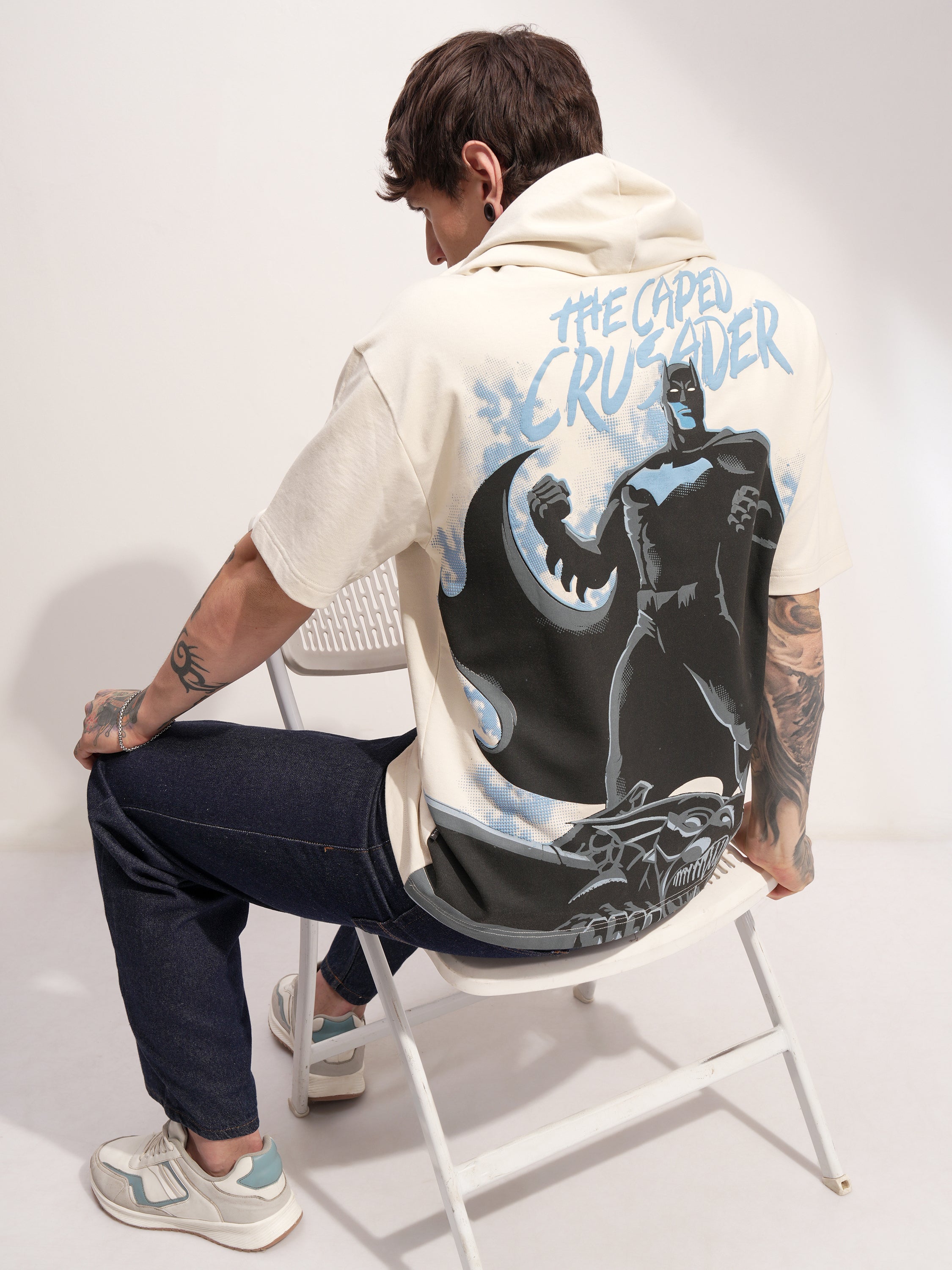 DC By Highlander Men Cream Batman Printed Hood Oversized Fit T-Shirt - Cream - Image 2