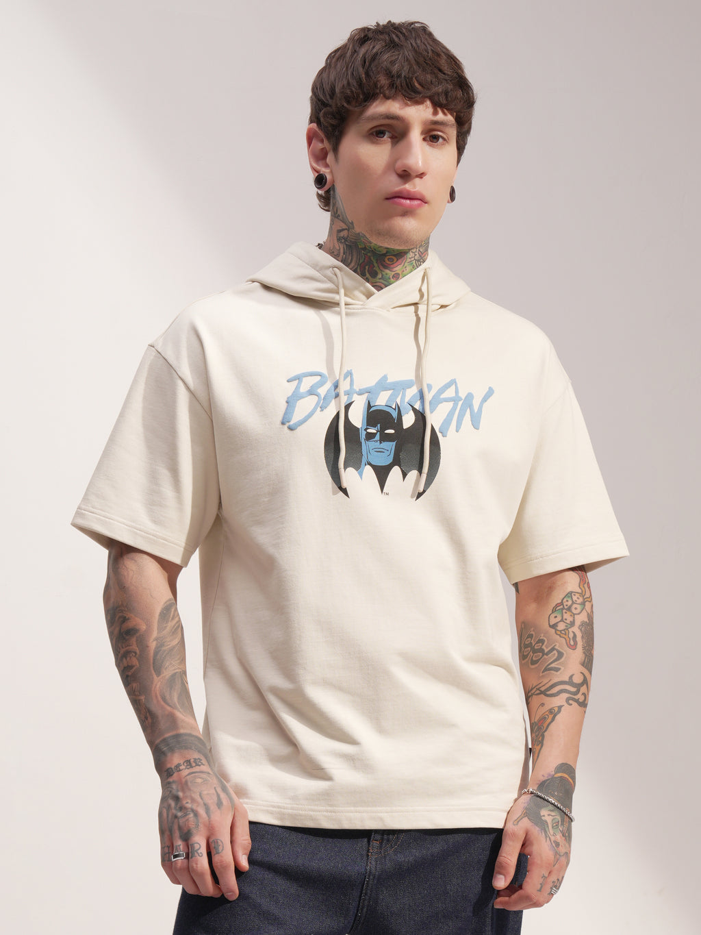 DC By Highlander Men Cream Batman Printed Hood Oversized Fit T-Shirt - Cream - Image 3