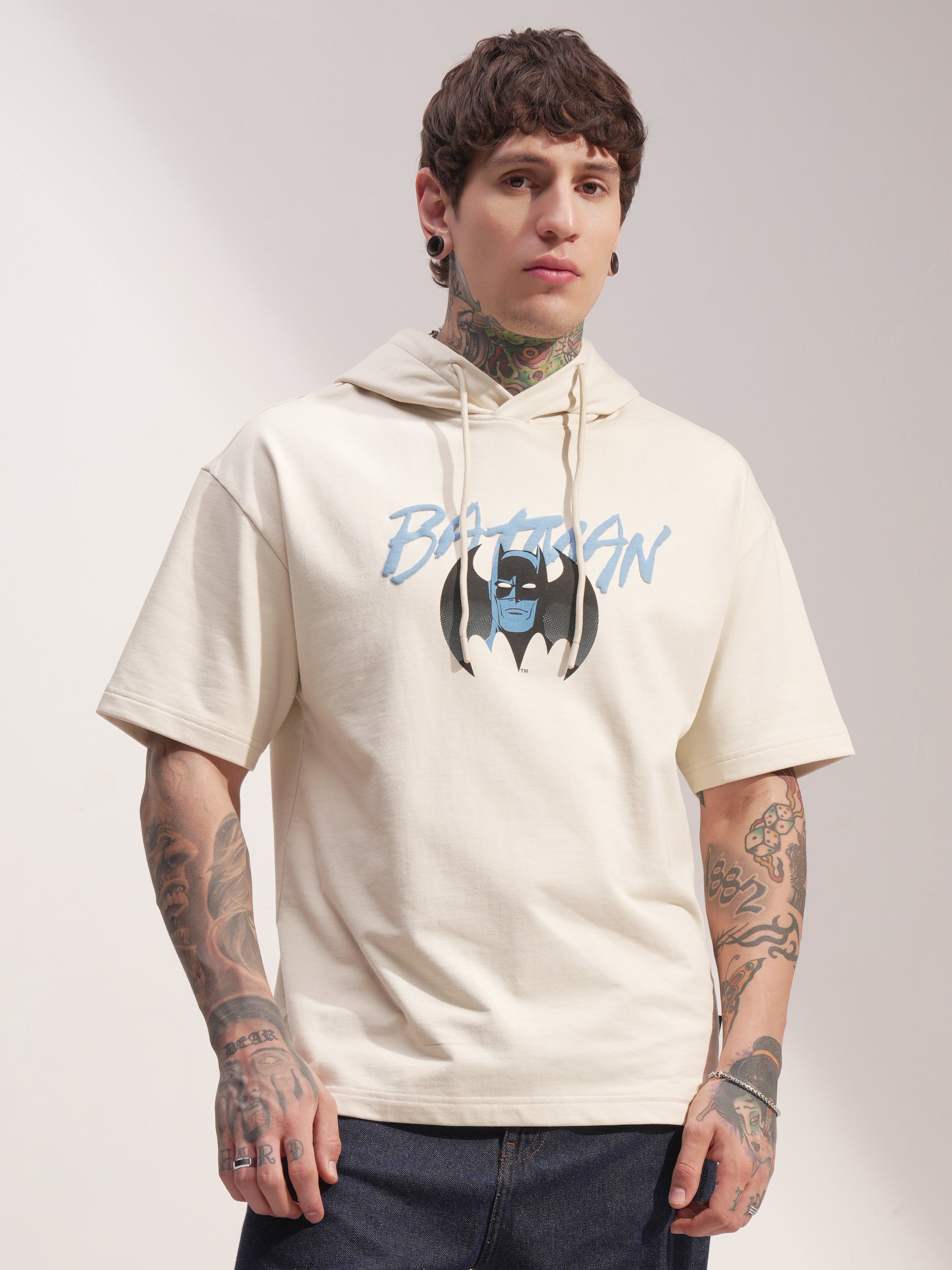 DC By Highlander Men Cream Batman Printed Hood Oversized Fit T-Shirt - Cream - Image 3