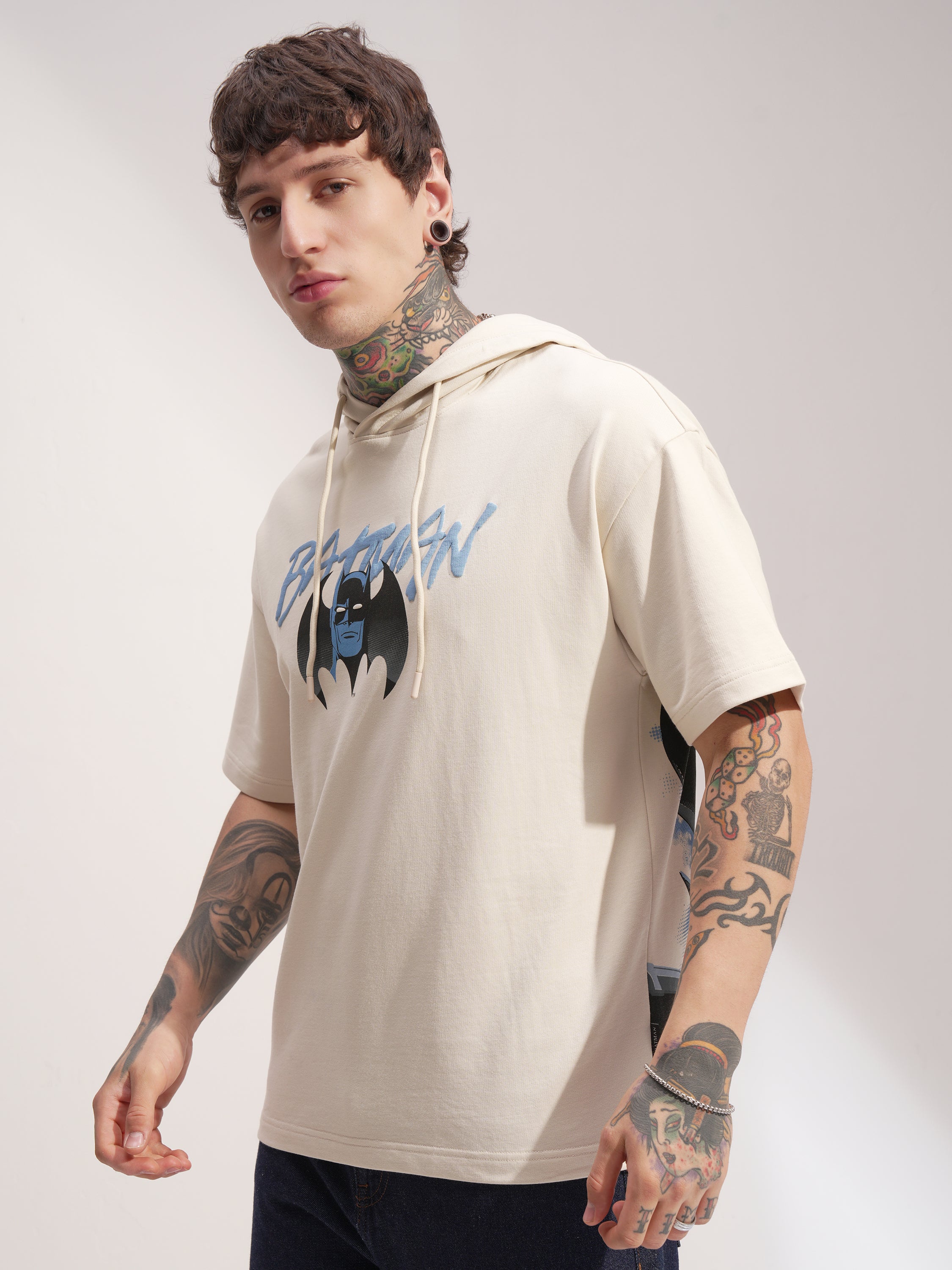 DC By Highlander Men Cream Batman Printed Hood Oversized Fit T-Shirt - Cream - Image 4