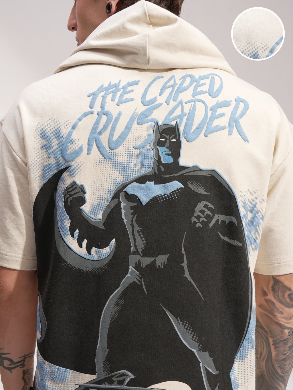 DC By Highlander Men Cream Batman Printed Hood Oversized Fit T-Shirt - Cream - Image 5