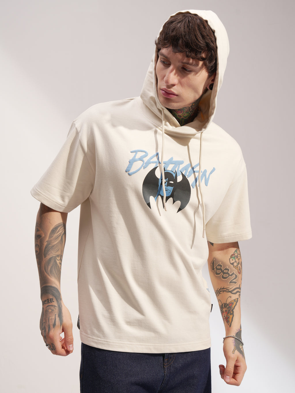 DC By Highlander Men Cream Batman Printed Hood Oversized Fit T-Shirt - Cream - Image 6