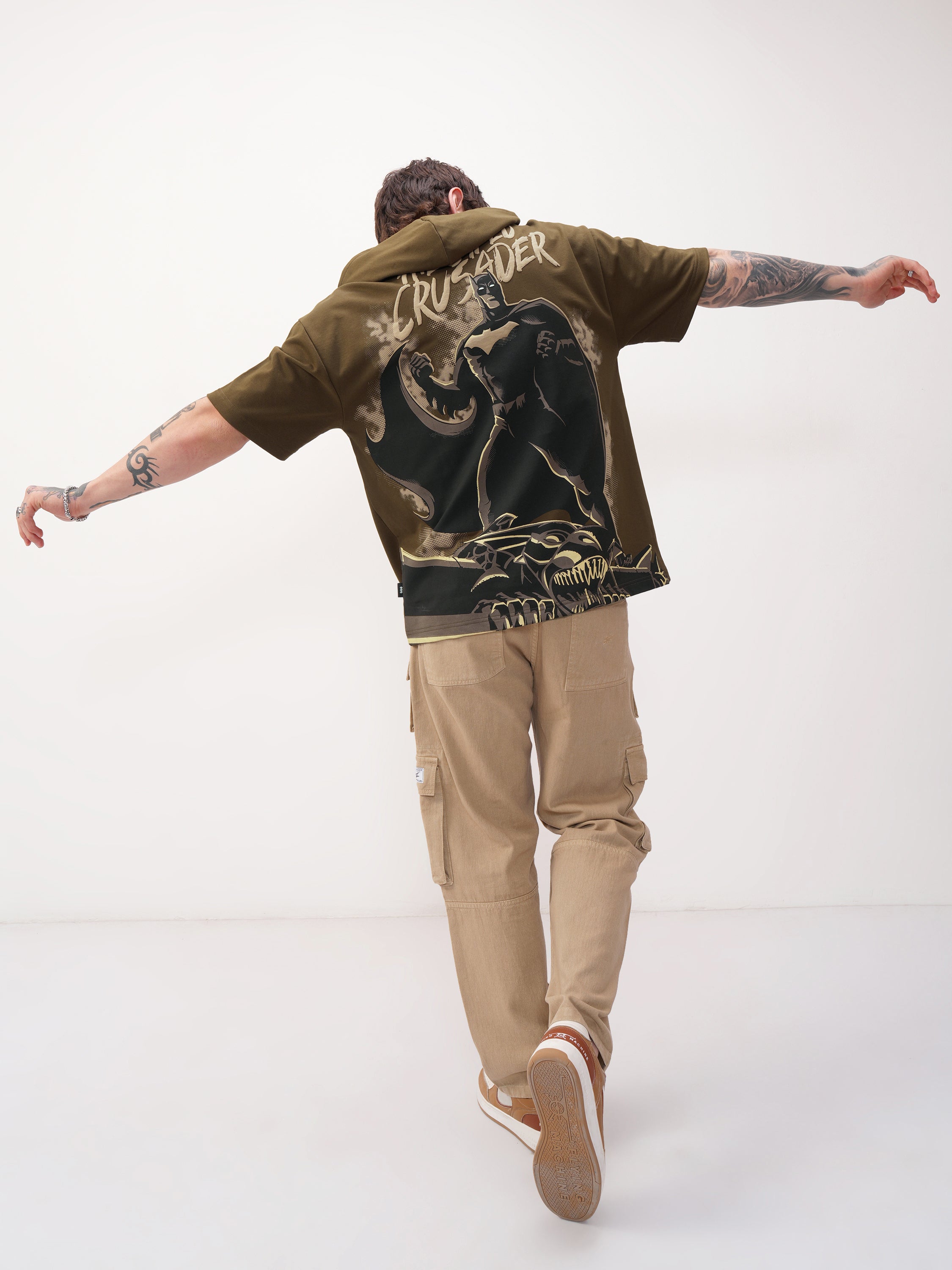 DC By Highlander Men Brown Batman Printed Hood Oversized Fit T-Shirt - Brown - Image 2