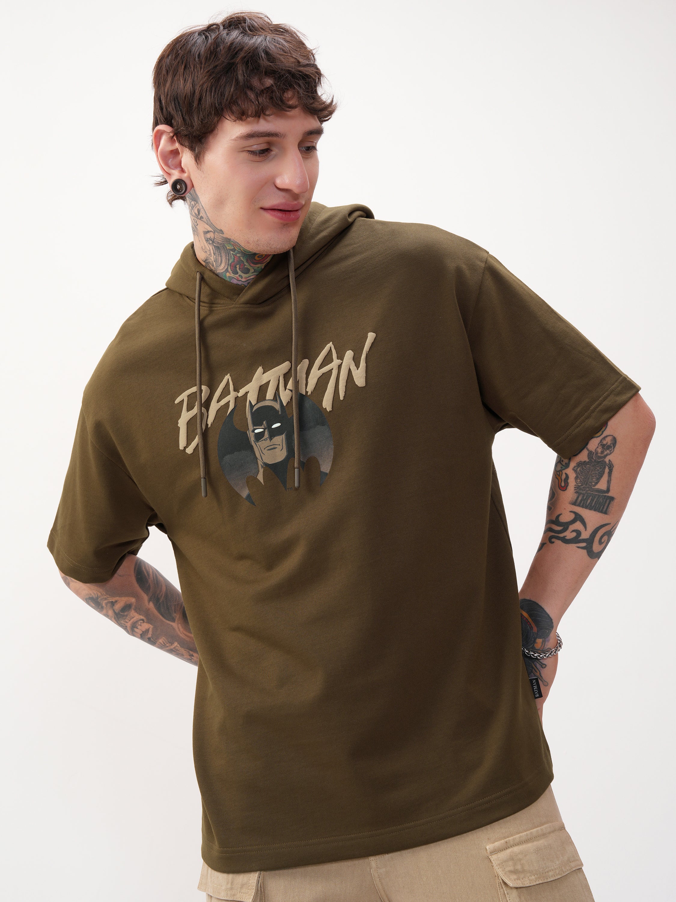 DC By Highlander Men Brown Batman Printed Hood Oversized Fit T-Shirt - Brown - Image 3
