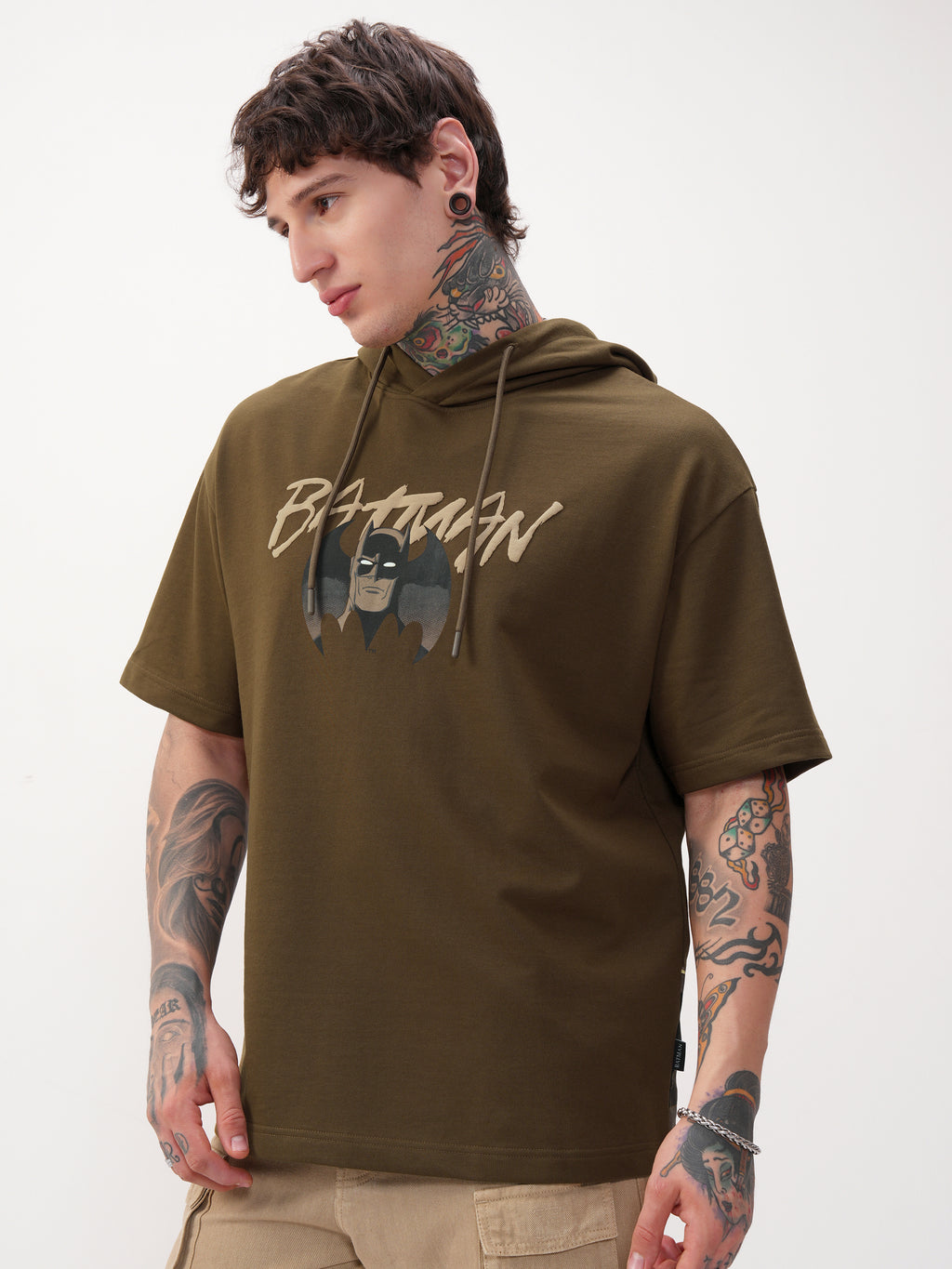 DC By Highlander Men Brown Batman Printed Hood Oversized Fit T-Shirt - Brown - Image 4