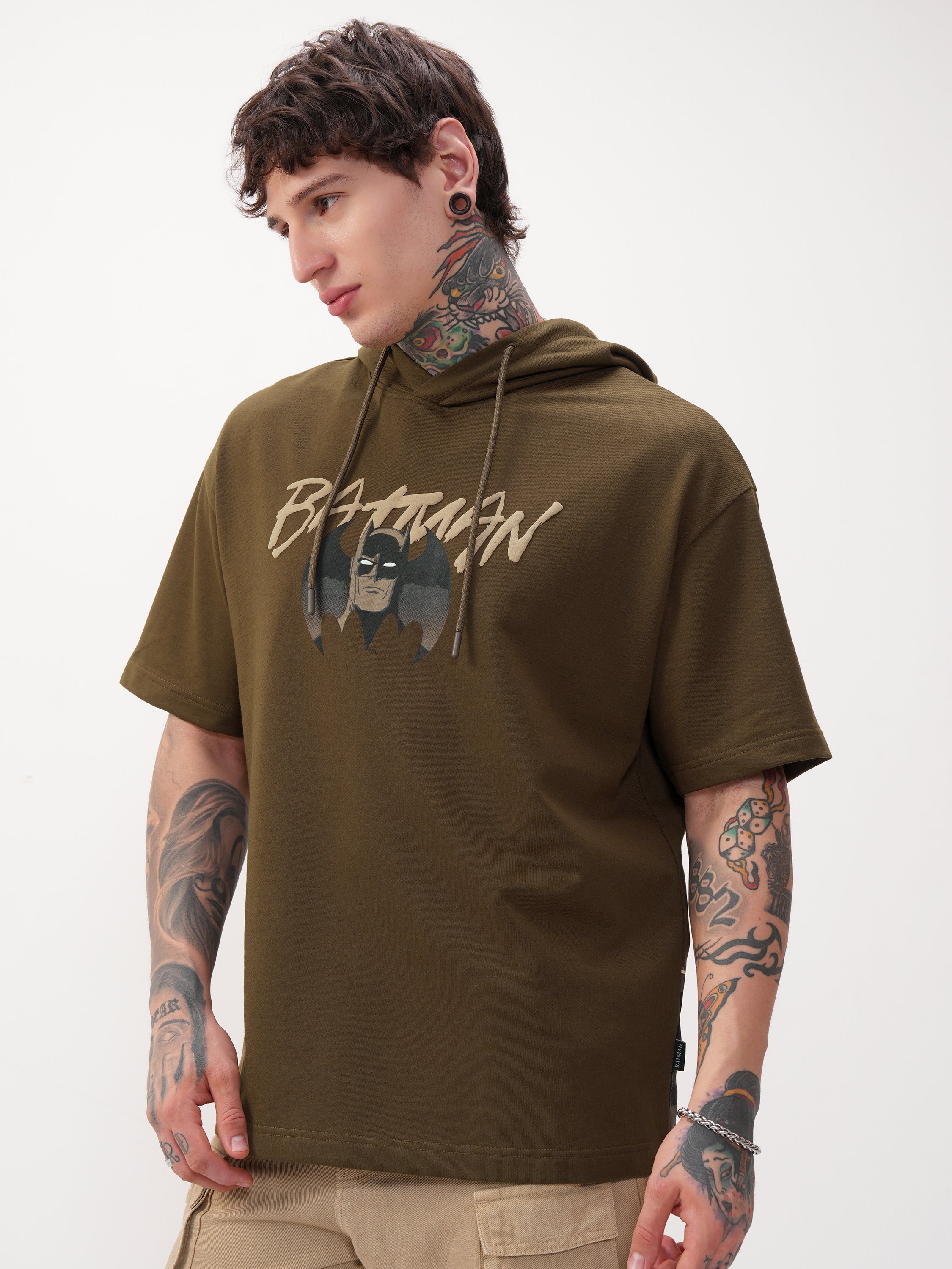 DC By Highlander Men Brown Batman Printed Hood Oversized Fit T-Shirt - Brown - Image 4