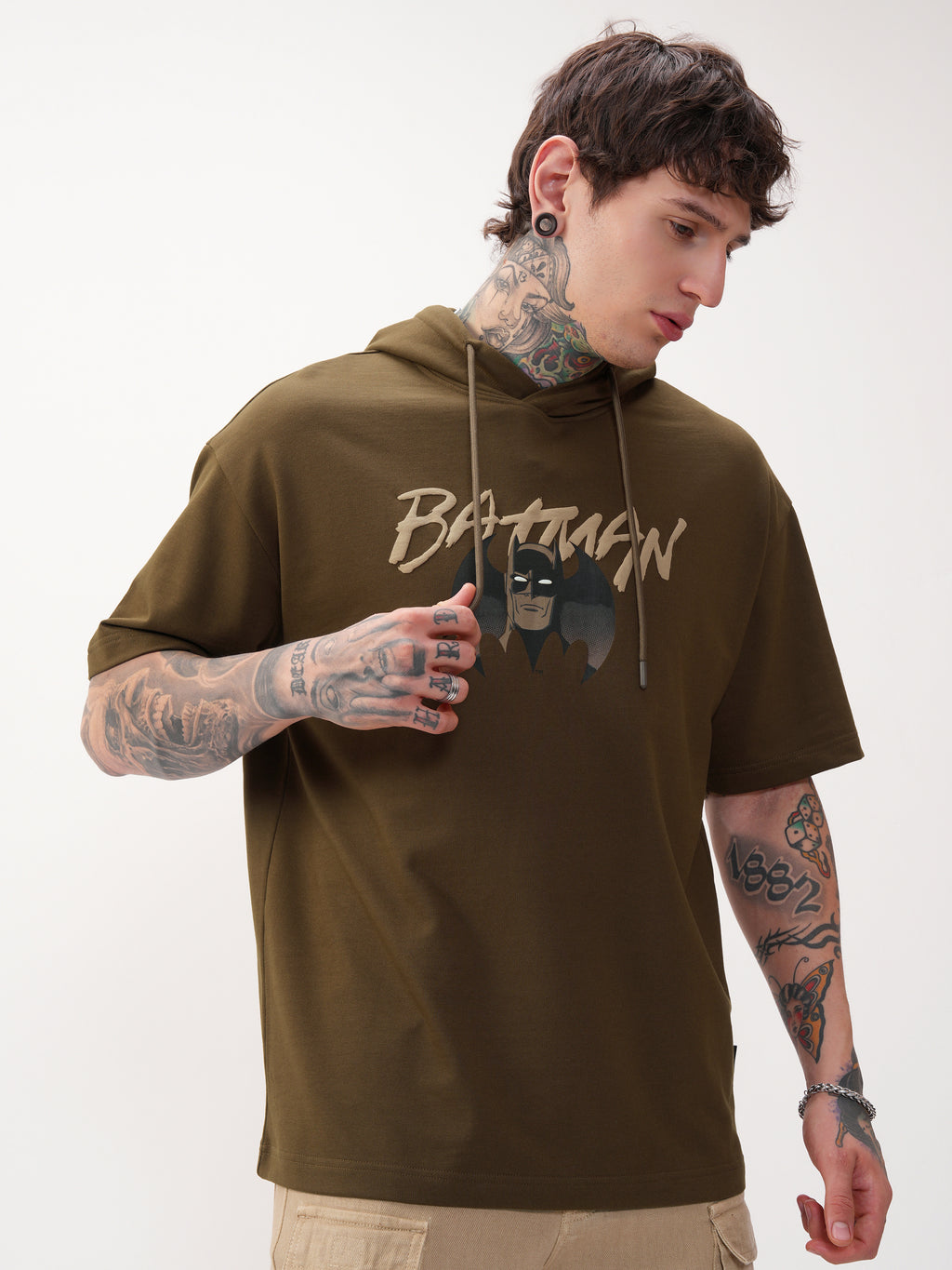 DC By Highlander Men Brown Batman Printed Hood Oversized Fit T-Shirt - Brown - Image 6