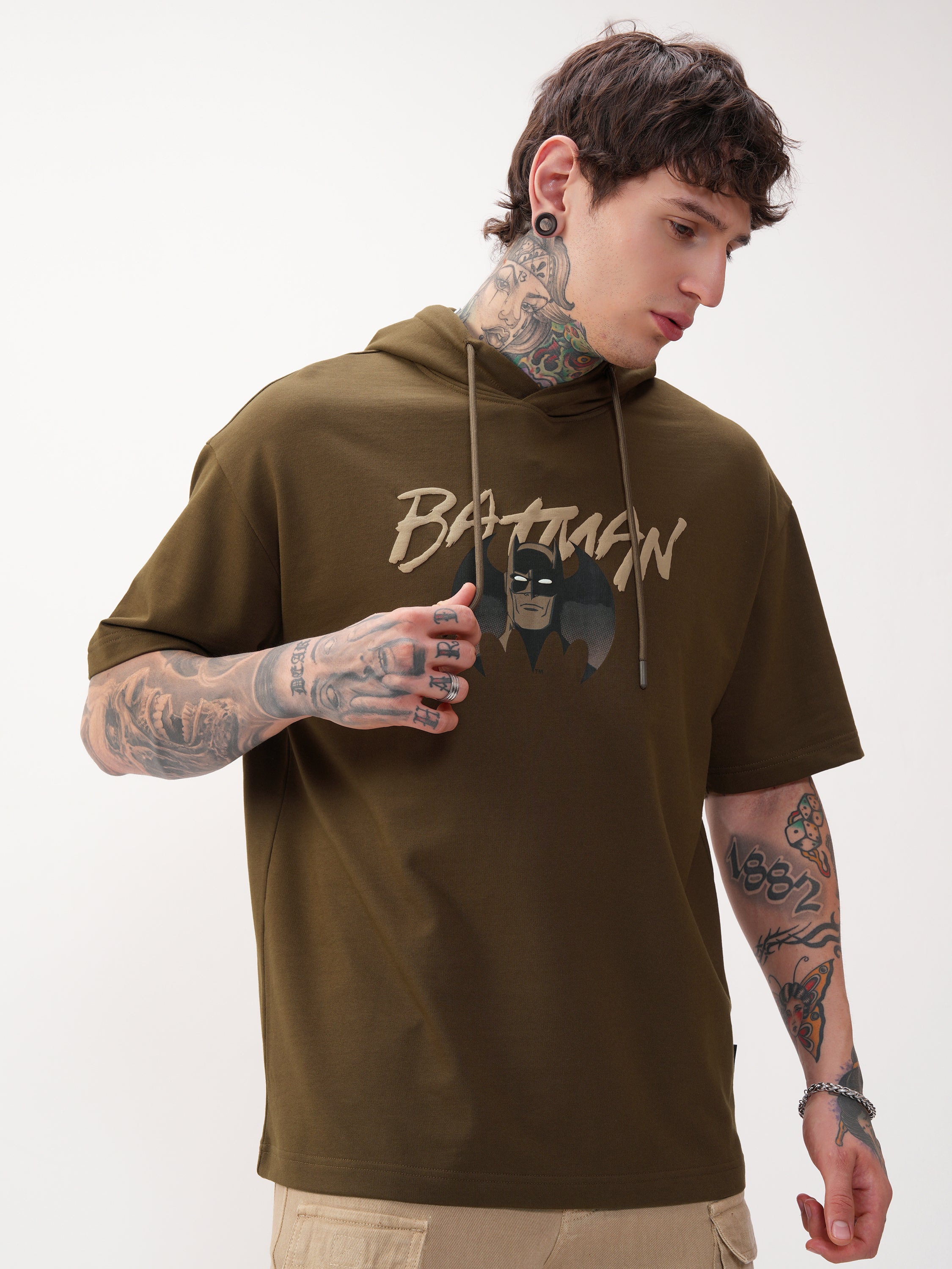 DC By Highlander Men Brown Batman Printed Hood Oversized Fit T-Shirt - Brown - Image 6