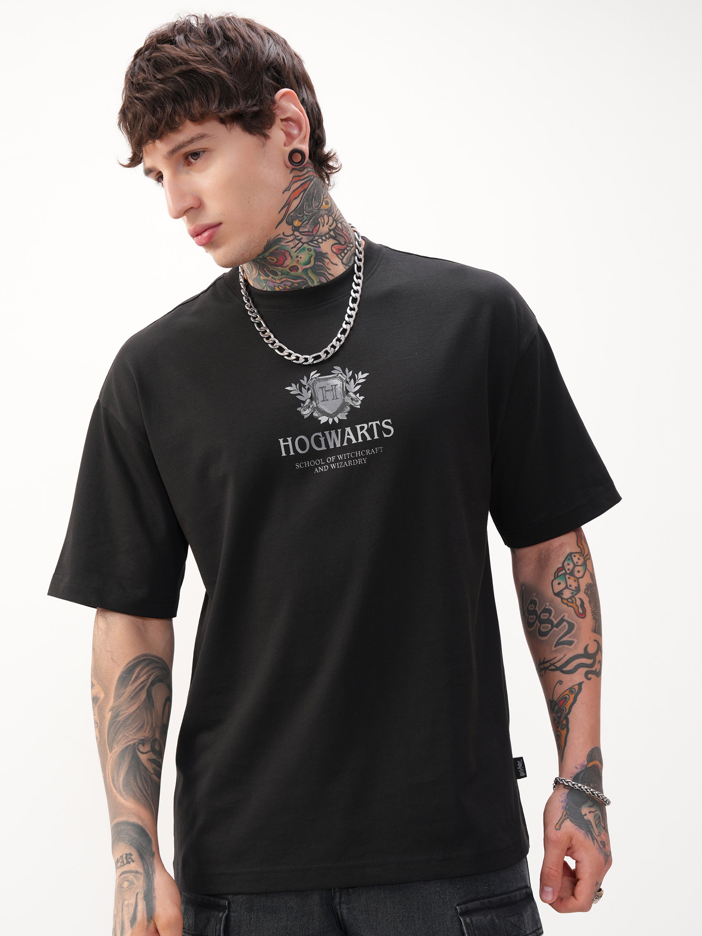WB By Highlander Men Black Harry Potter Printed Round Neck Oversized Fit T-Shirt - Black - Image 3