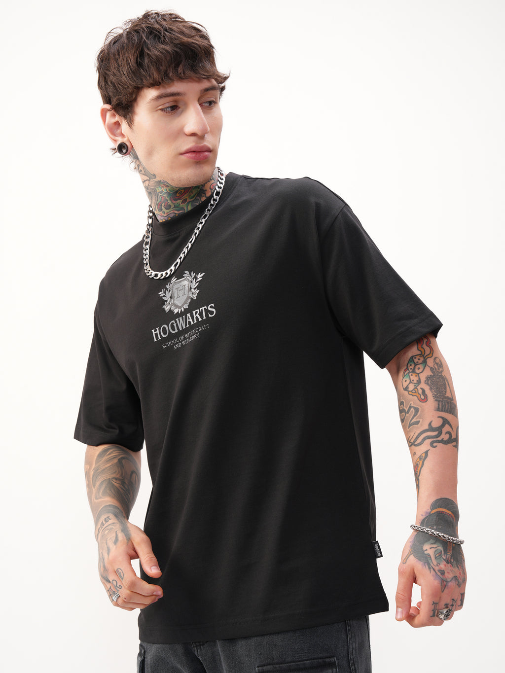 WB By Highlander Men Black Harry Potter Printed Round Neck Oversized Fit T-Shirt - Black - Image 4