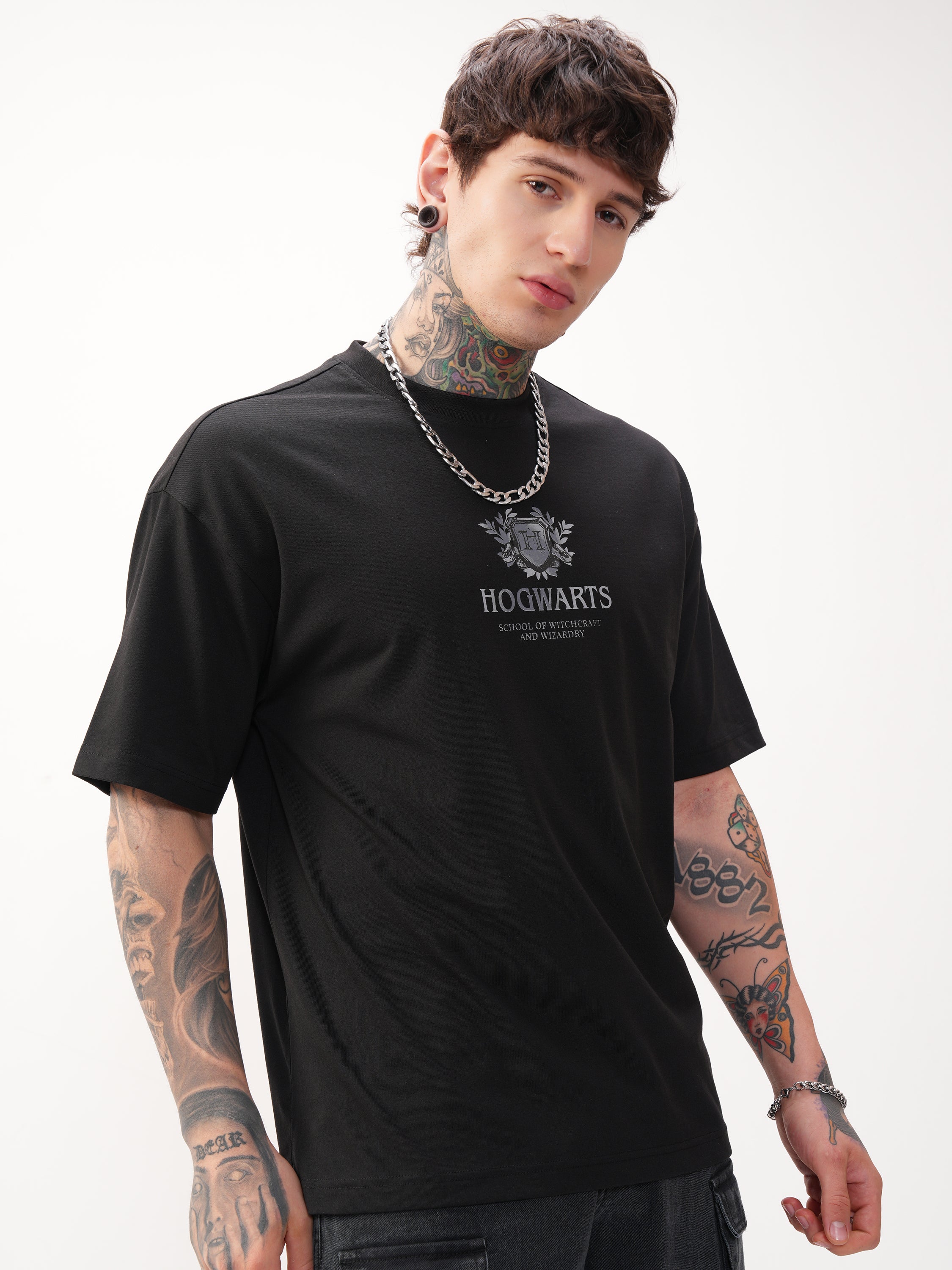 WB By Highlander Men Black Harry Potter Printed Round Neck Oversized Fit T-Shirt - Black - Image 6