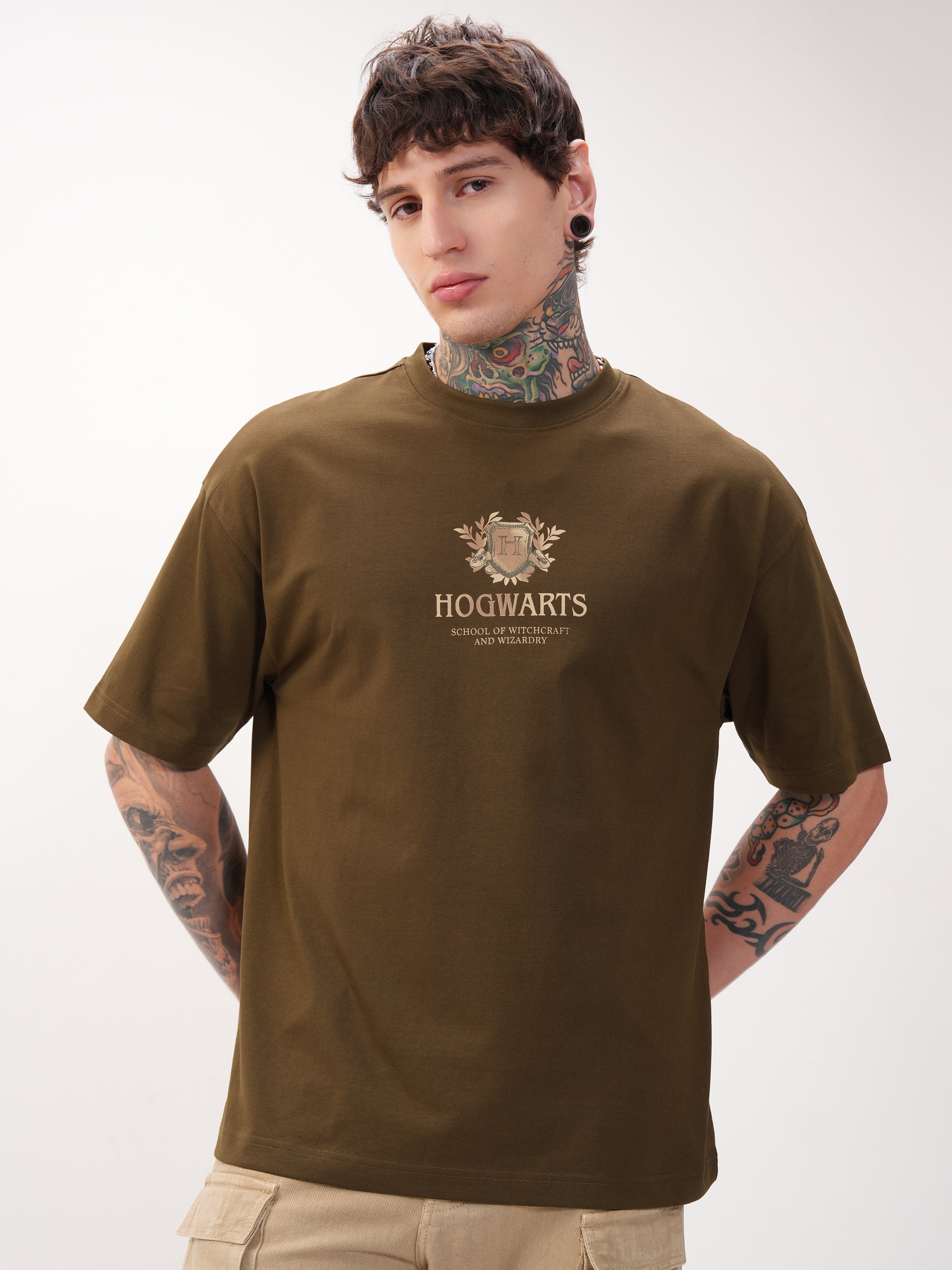 WB By Highlander Men Brown Harry Potter Printed Round Neck Oversized Fit T-Shirt - Brown - Image 3