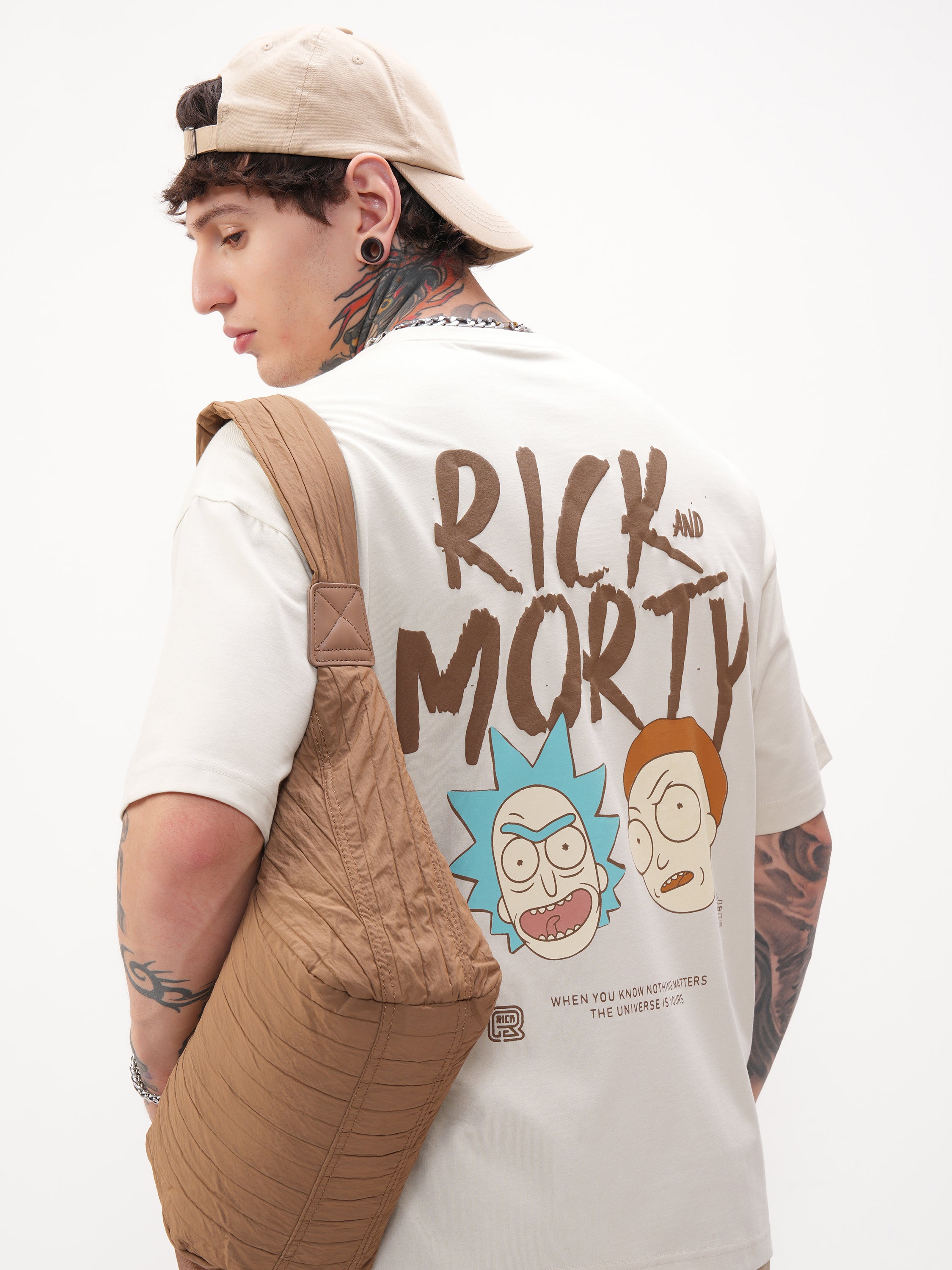 WB By Highlander Men Cream Rick And Morty Printed Round Neck Oversized Fit T-Shirt - Cream - Image 1