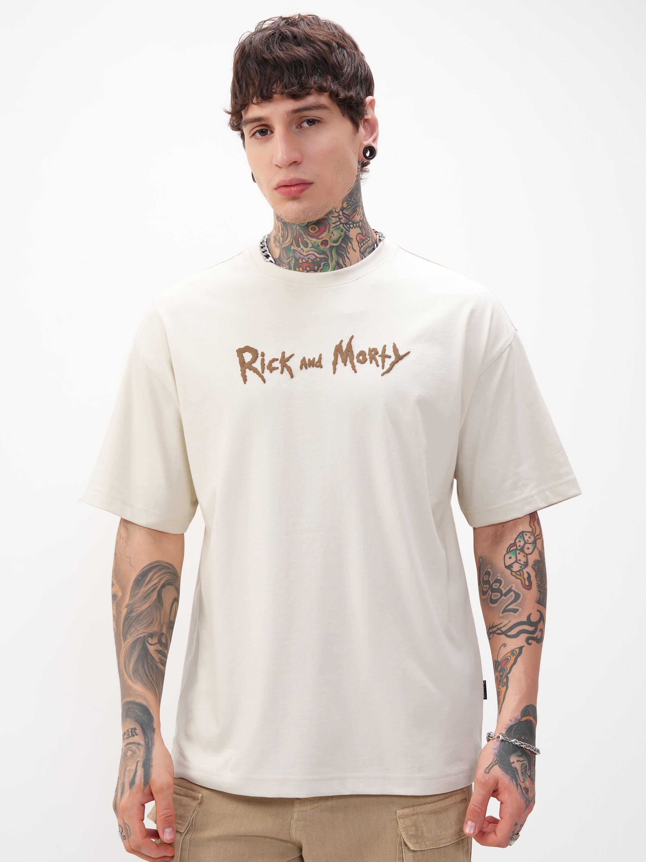 WB By Highlander Men Cream Rick And Morty Printed Round Neck Oversized Fit T-Shirt - Cream - Image 3