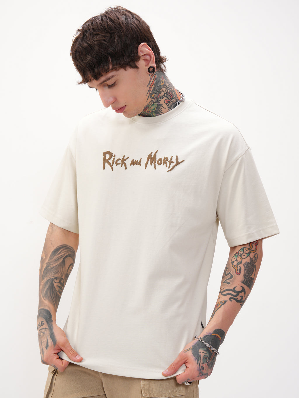 WB By Highlander Men Cream Rick And Morty Printed Round Neck Oversized Fit T-Shirt - Cream - Image 4
