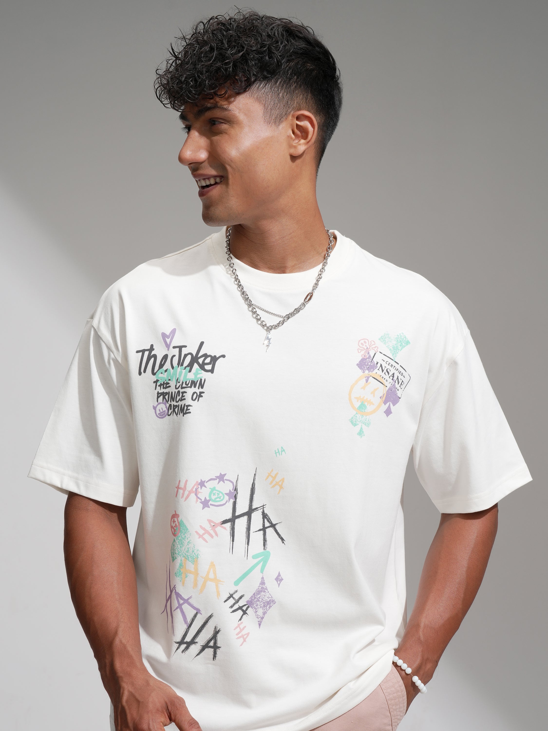 DC By Highlander Men Off White Joker Printed Round Neck Oversized Fit T-Shirt - Off White - Image 1