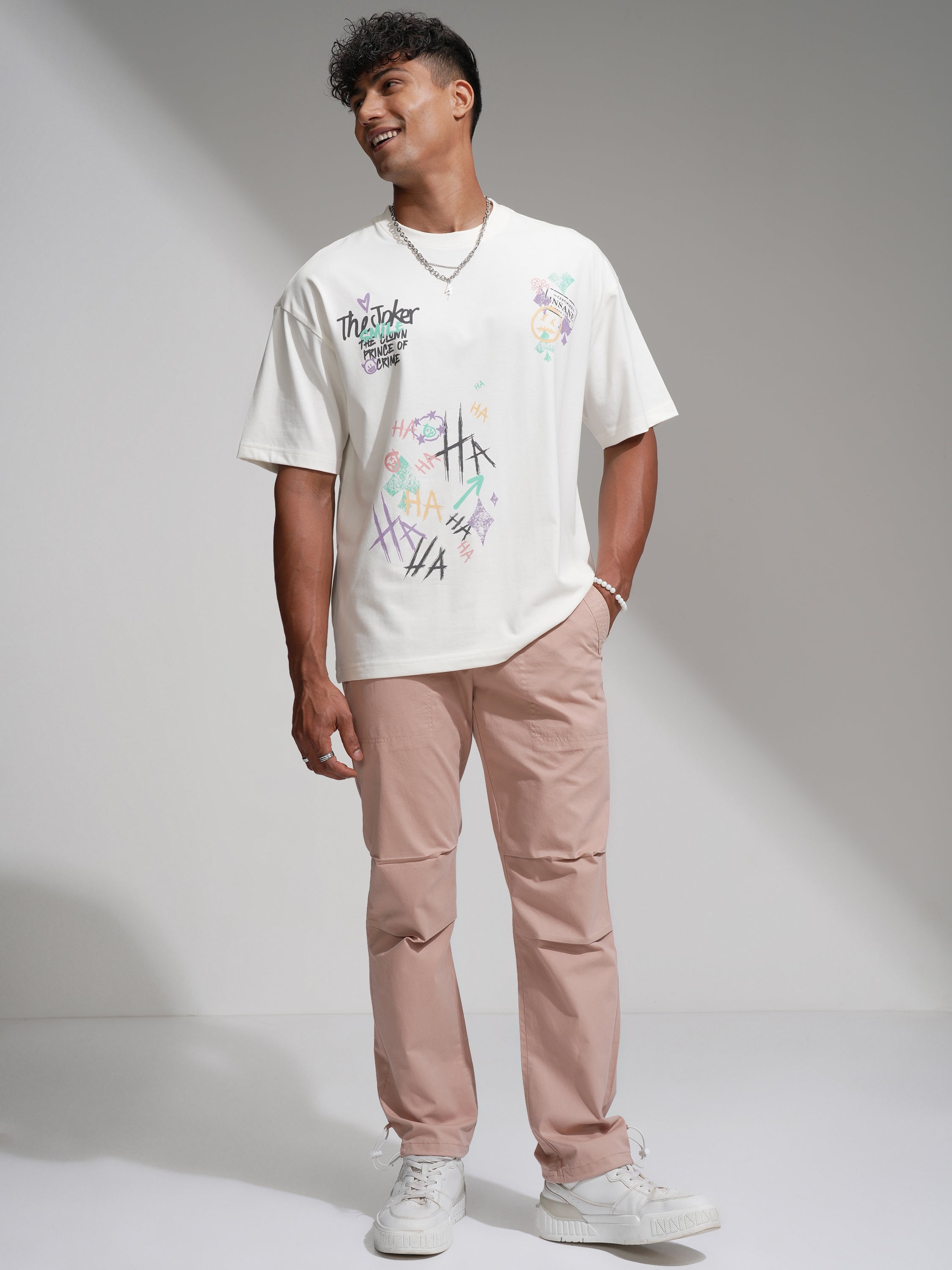 DC By Highlander Men Off White Joker Printed Round Neck Oversized Fit T-Shirt - Off White - Image 2