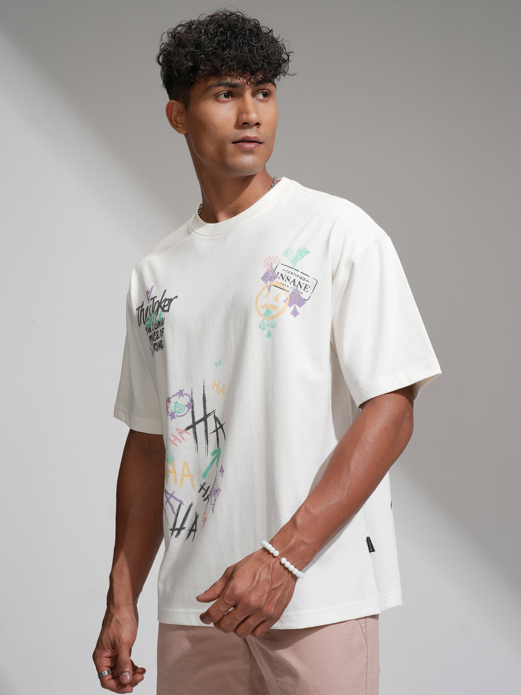 DC By Highlander Men Off White Joker Printed Round Neck Oversized Fit T-Shirt - Off White - Image 4