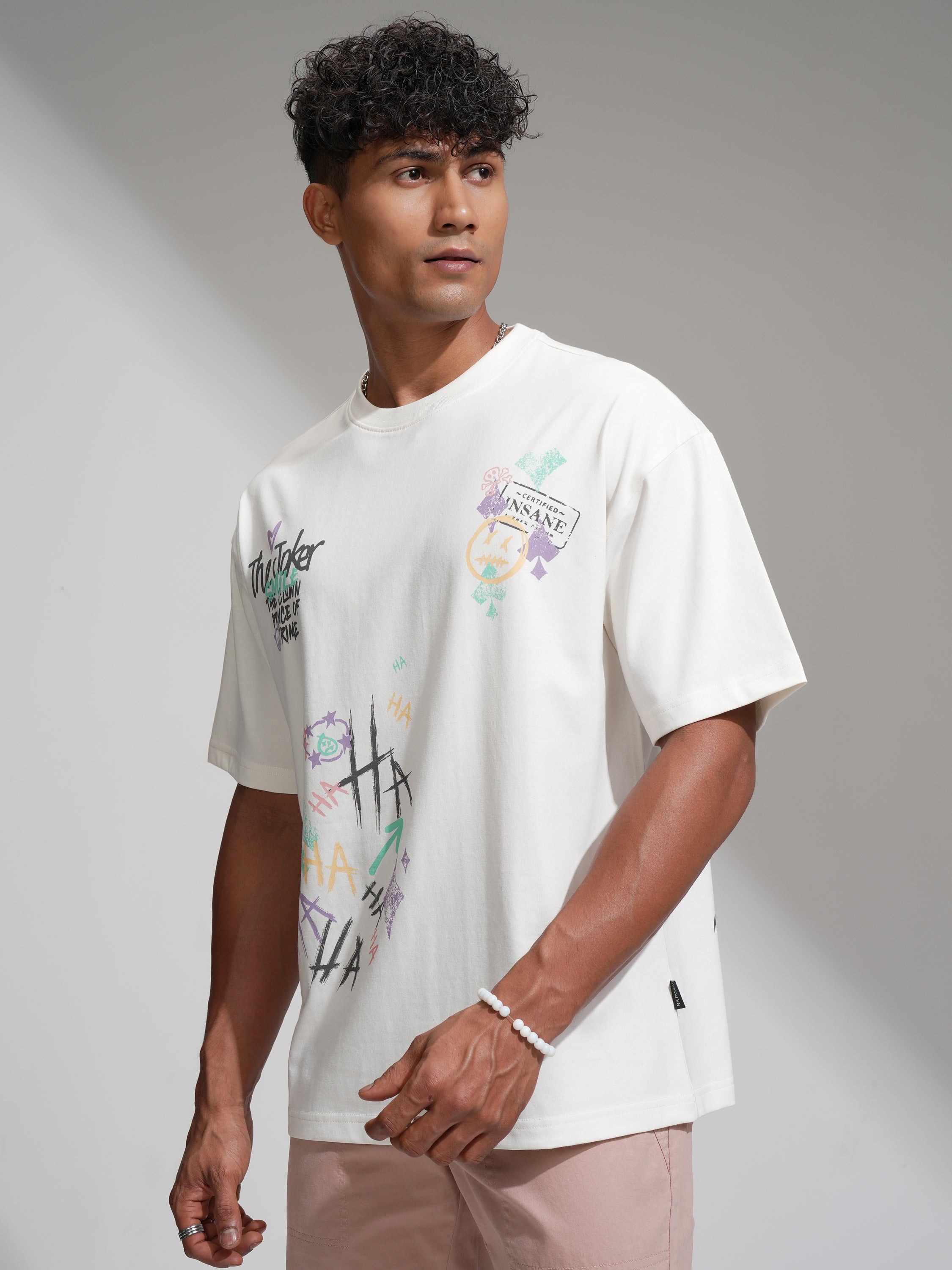 DC By Highlander Men Off White Joker Printed Round Neck Oversized Fit T-Shirt - Off White - Image 4