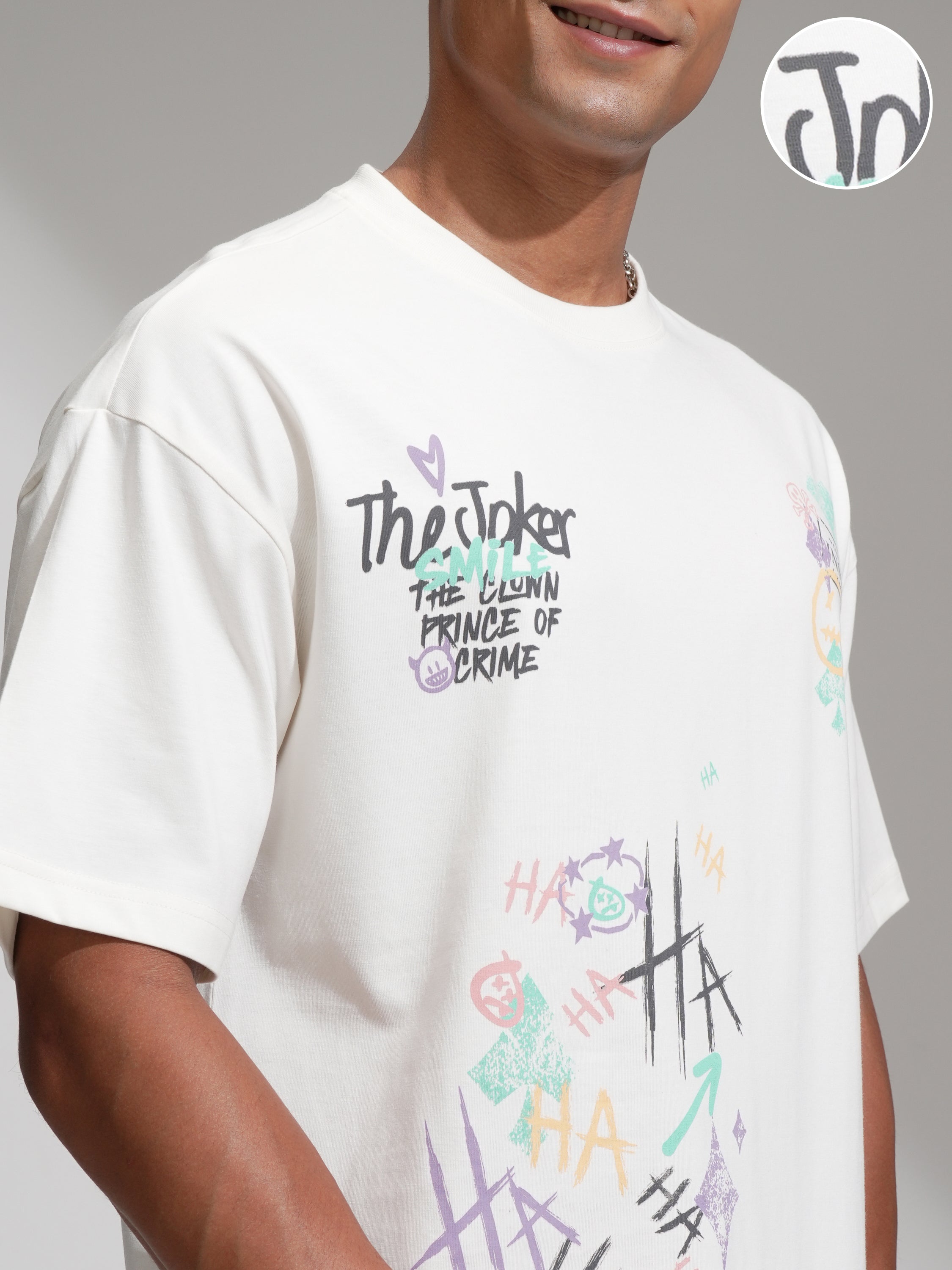DC By Highlander Men Off White Joker Printed Round Neck Oversized Fit T-Shirt - Off White - Image 5