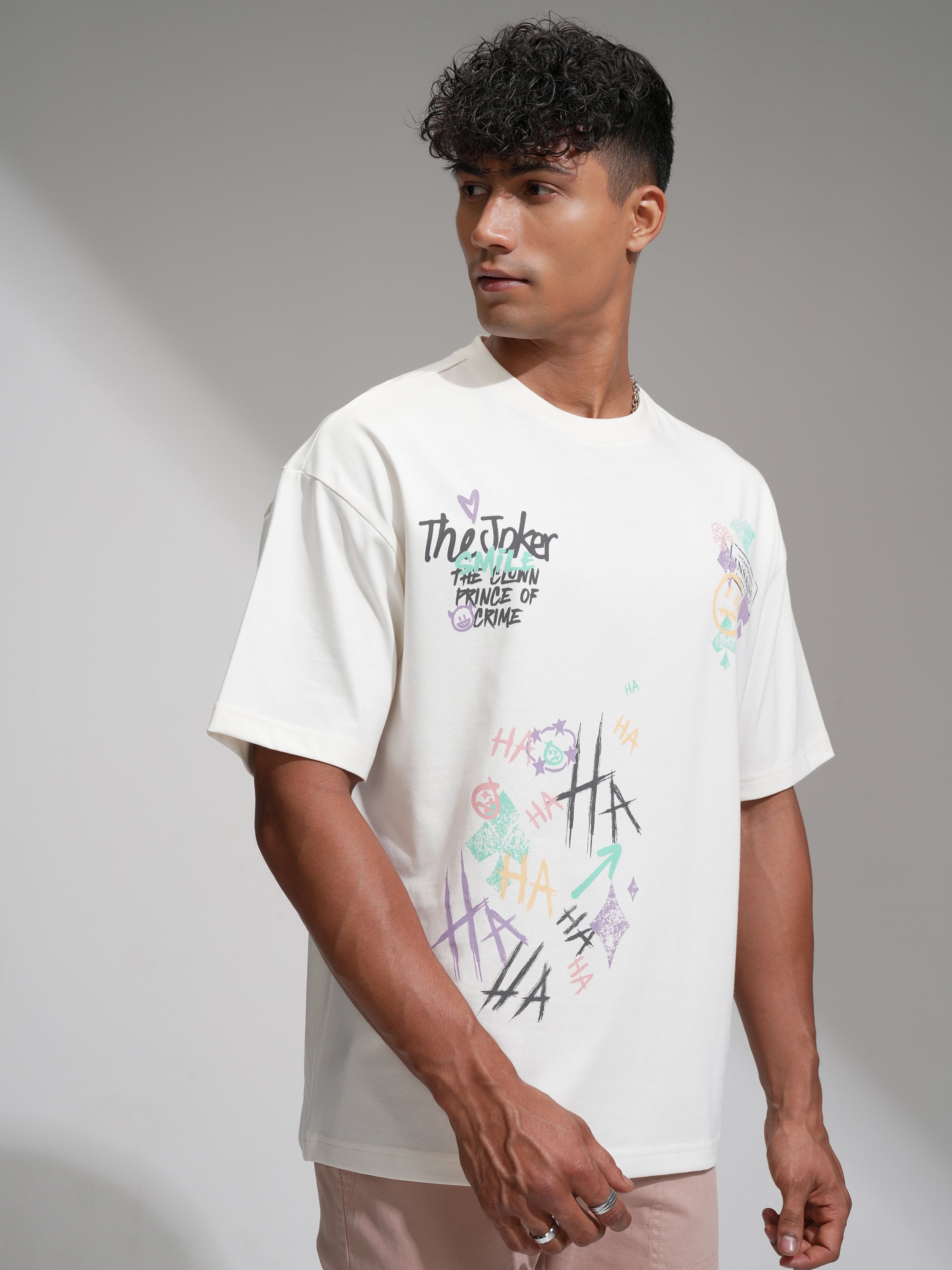 DC By Highlander Men Off White Joker Printed Round Neck Oversized Fit T-Shirt - Off White - Image 6