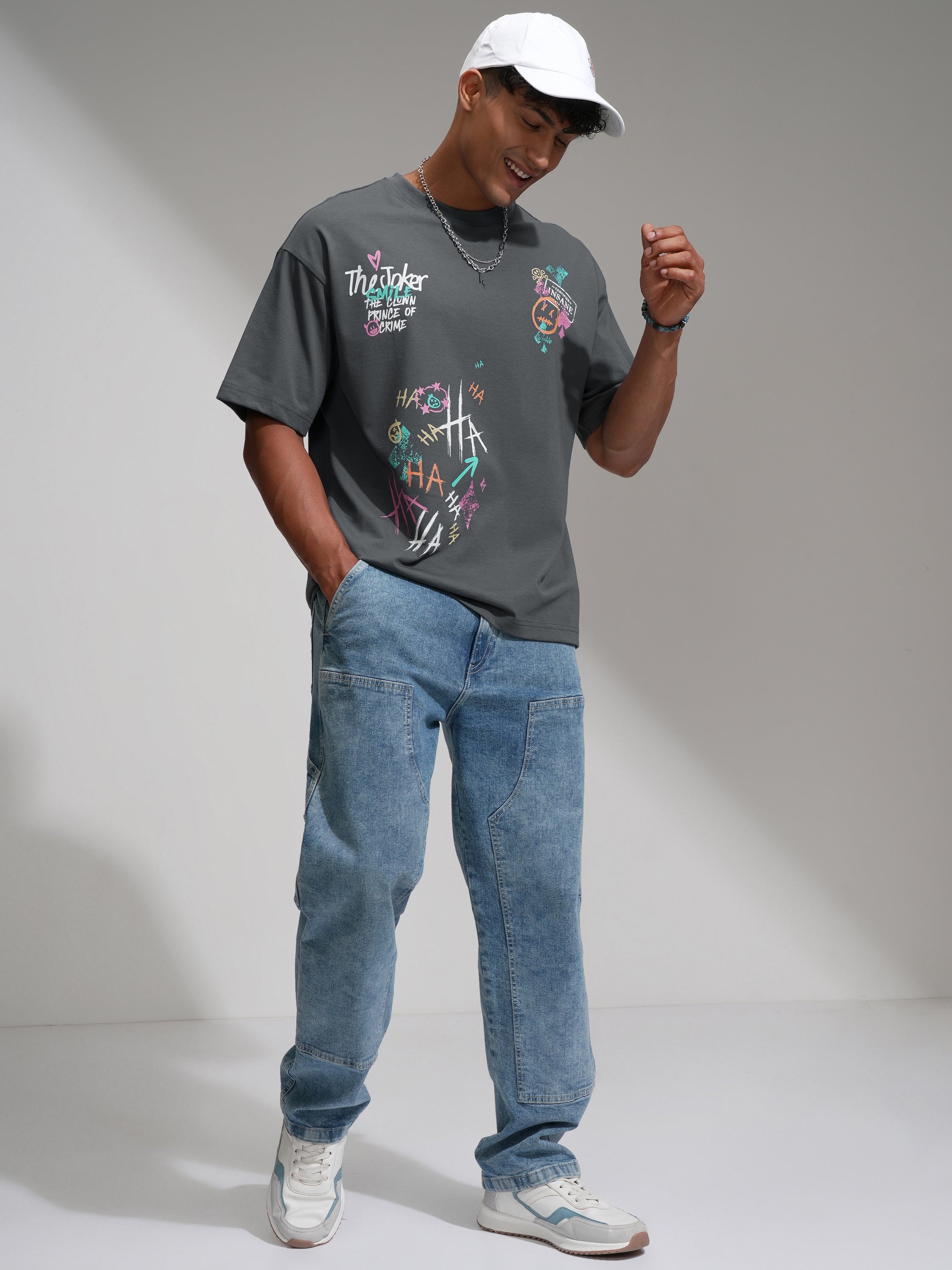 DC By Highlander Men Grey Joker Printed Round Neck Oversized Fit T-Shirt - Grey - Image 2