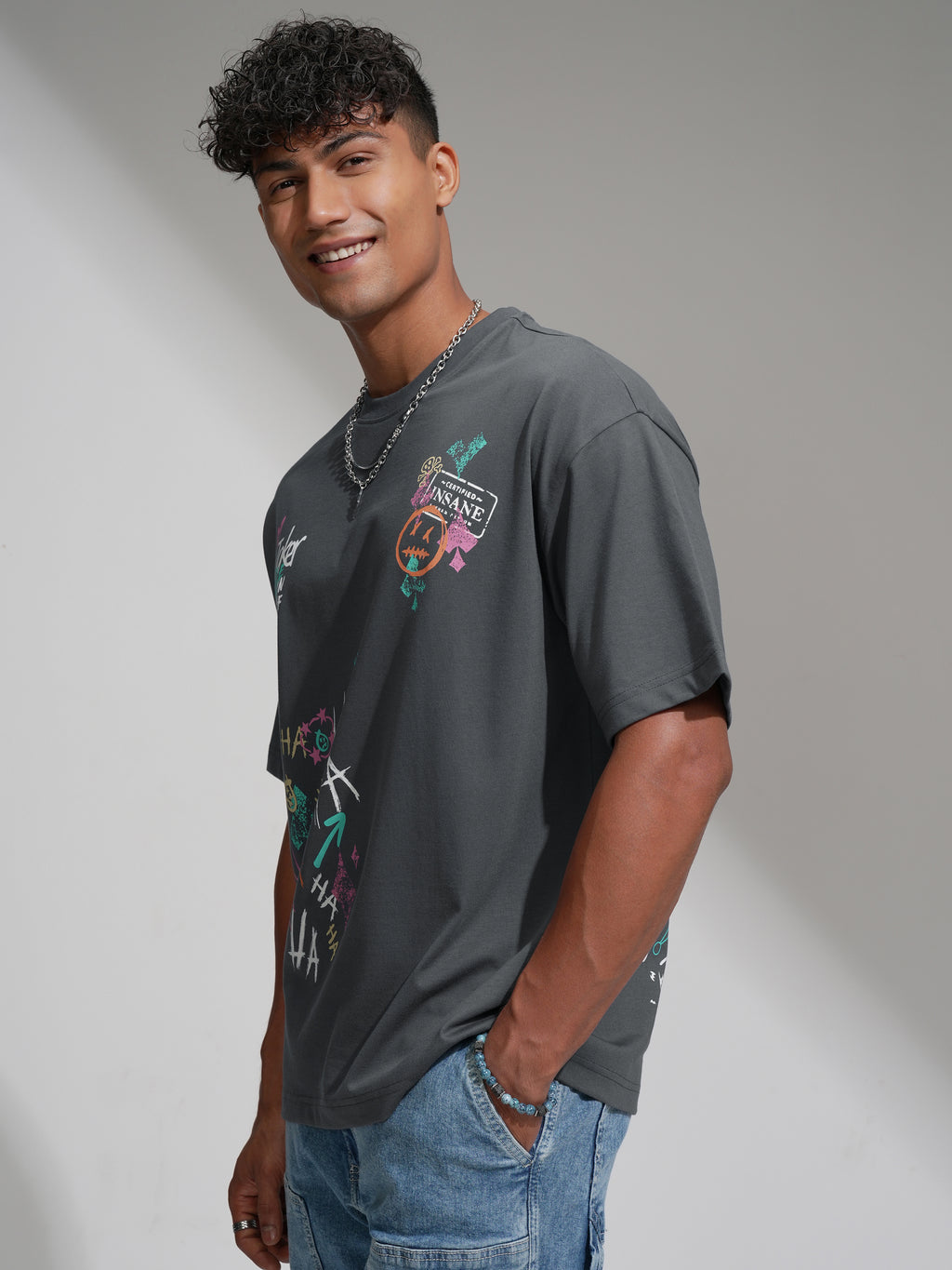DC By Highlander Men Grey Joker Printed Round Neck Oversized Fit T-Shirt - Grey - Image 4