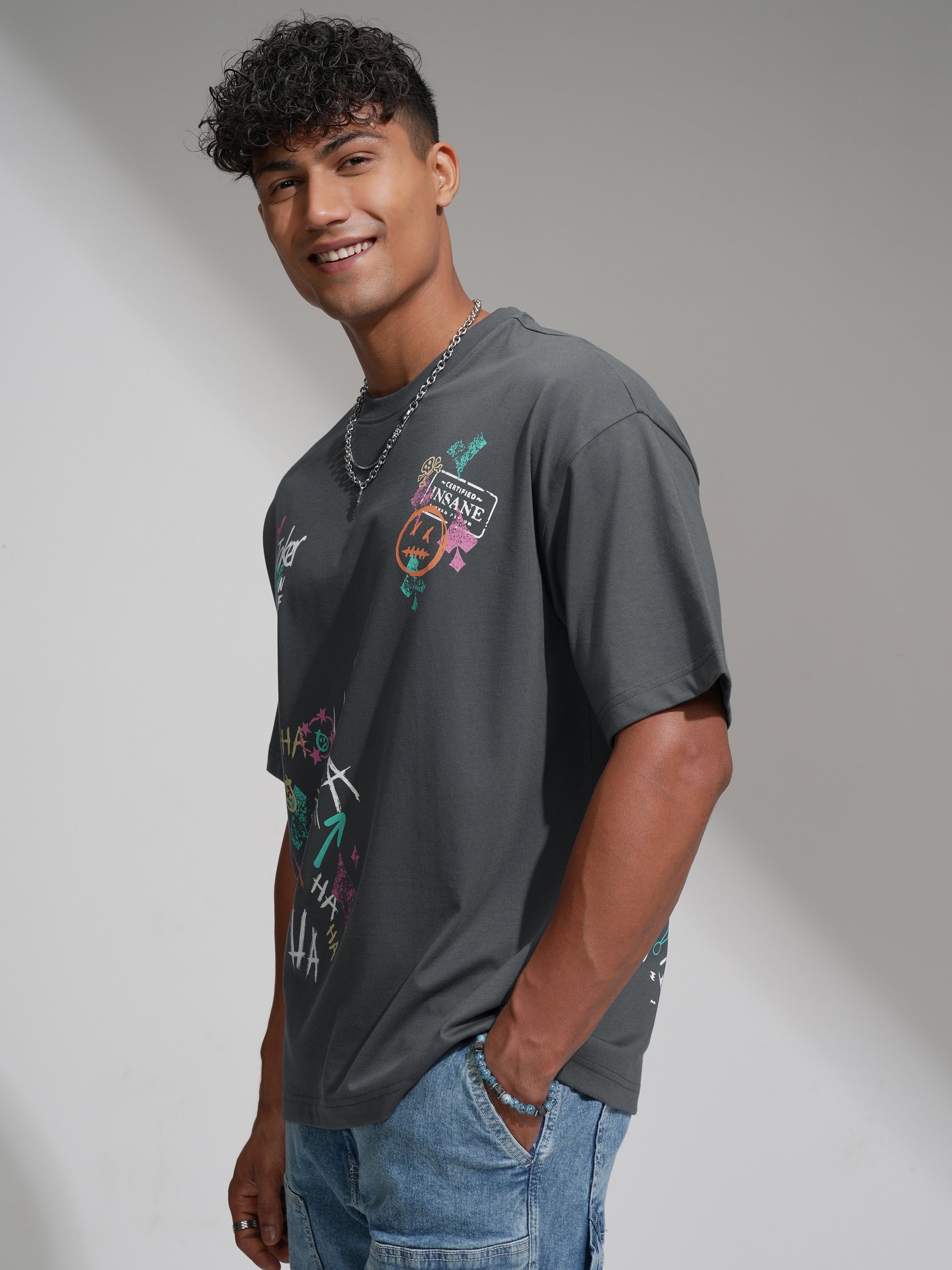 DC By Highlander Men Grey Joker Printed Round Neck Oversized Fit T-Shirt - Grey - Image 4