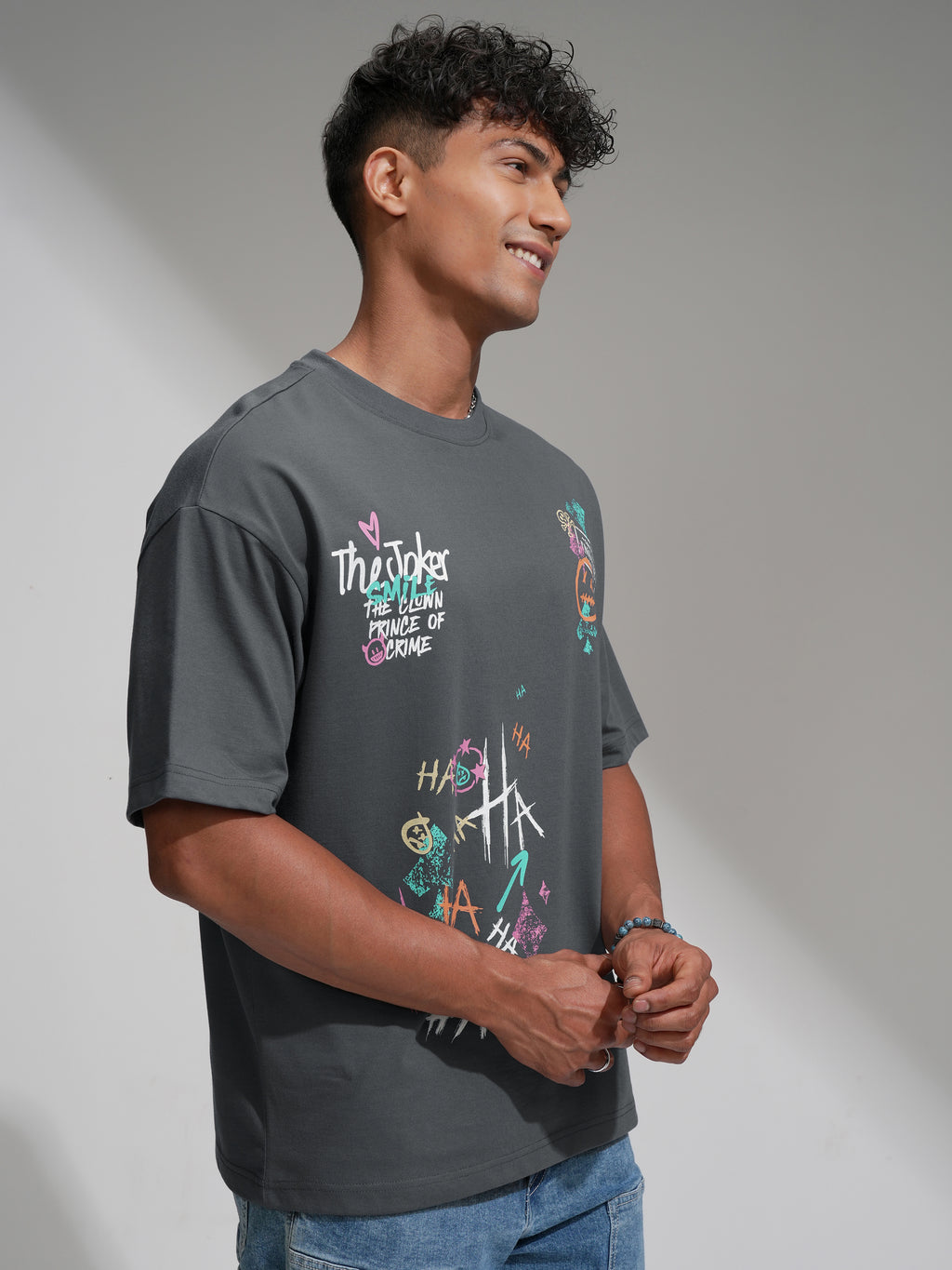 DC By Highlander Men Grey Joker Printed Round Neck Oversized Fit T-Shirt - Grey - Image 6
