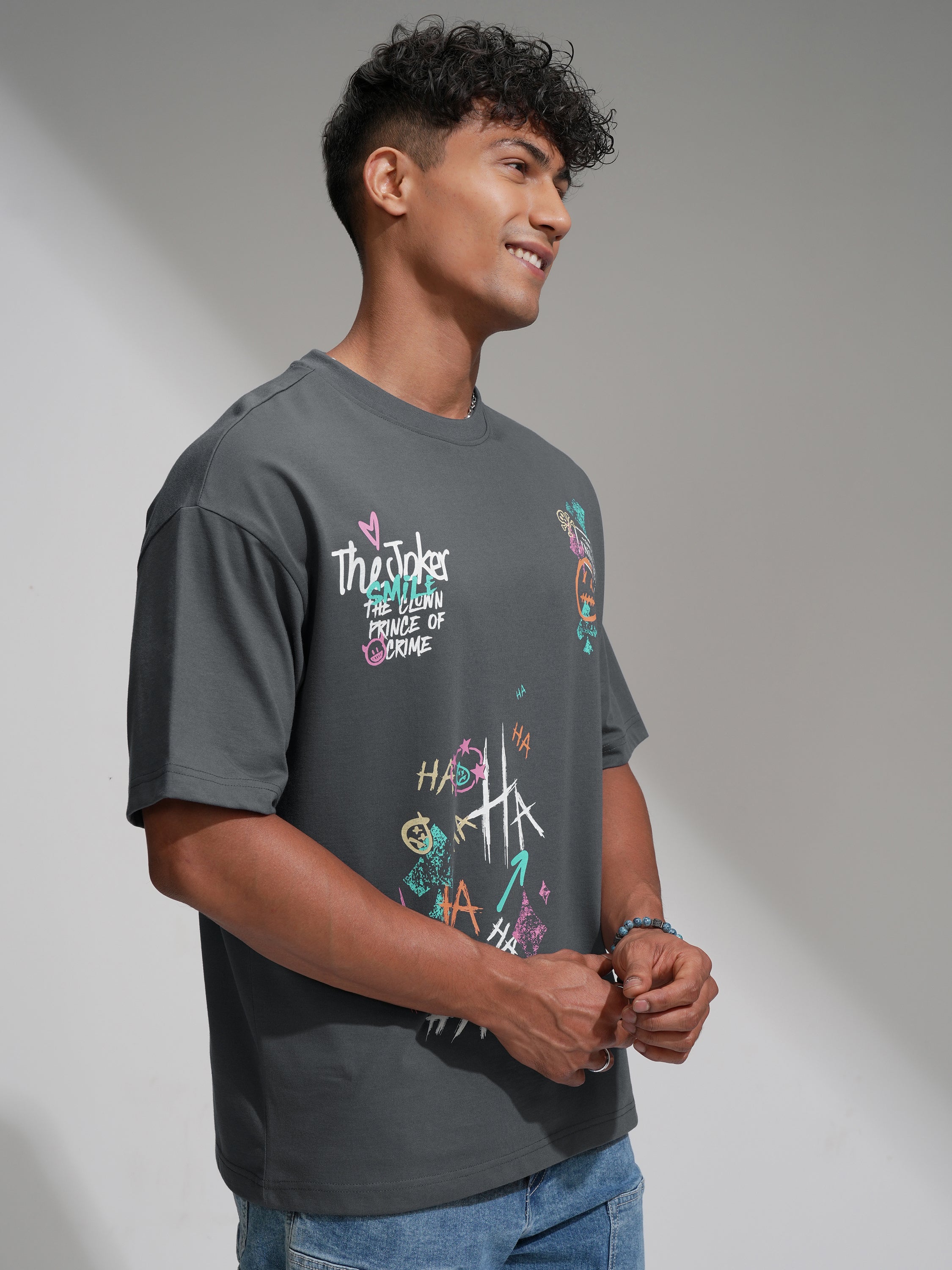 DC By Highlander Men Grey Joker Printed Round Neck Oversized Fit T-Shirt - Grey - Image 6