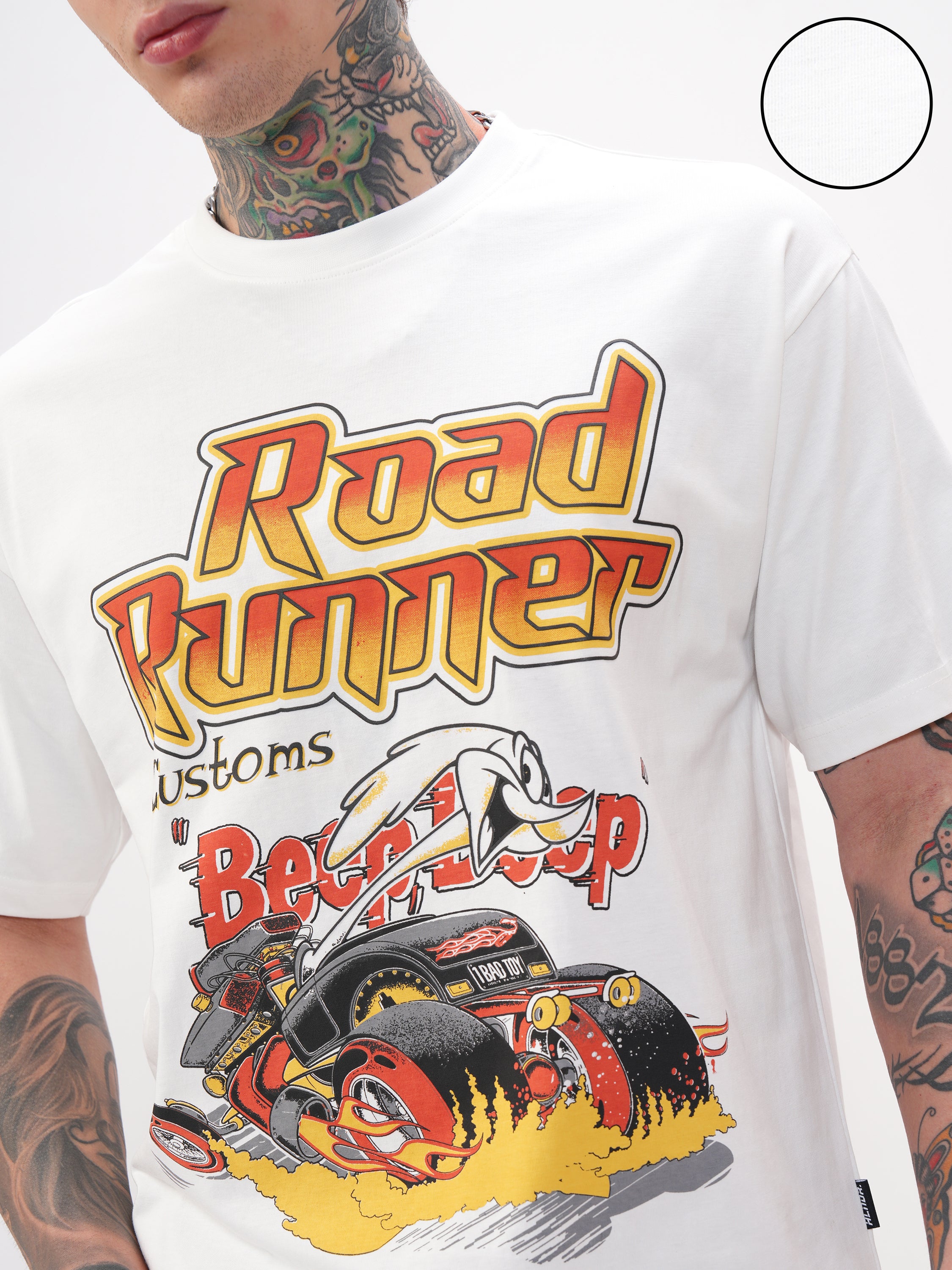 WB By Highlander Men White Looney Tunes Printed Round Neck Oversized Fit T-Shirt - White - Image 5