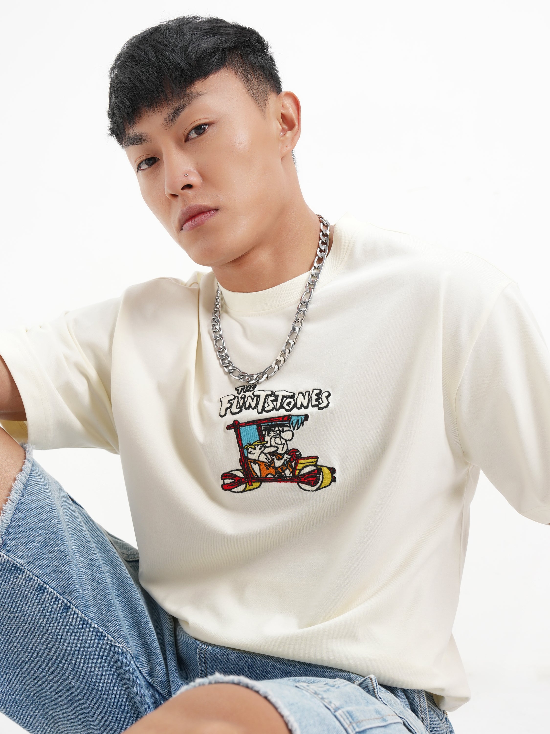 WB By Highlander Men Off White Flintstones Printed Round Neck T-Shirt - Off White - Image 1