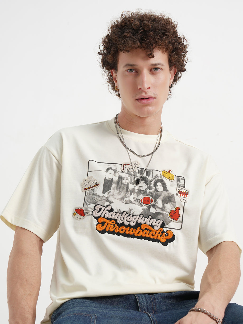 WB By Highlander Men Off White Friends Printed Round Neck Oversized Fit T-Shirt - Off White - Image 1