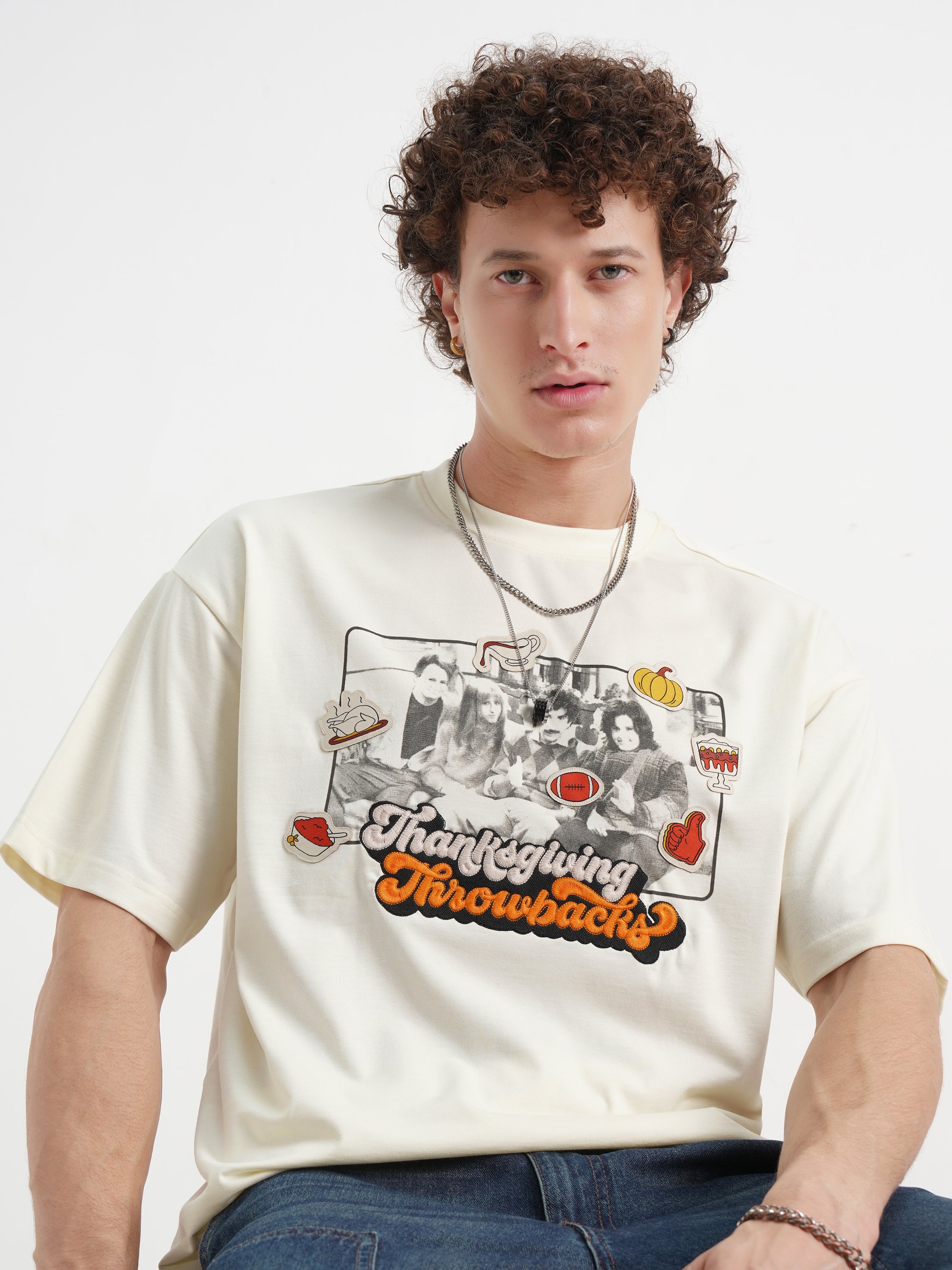 WB By Highlander Men Off White Friends Printed Round Neck Oversized Fit T-Shirt - Off White - Image 1