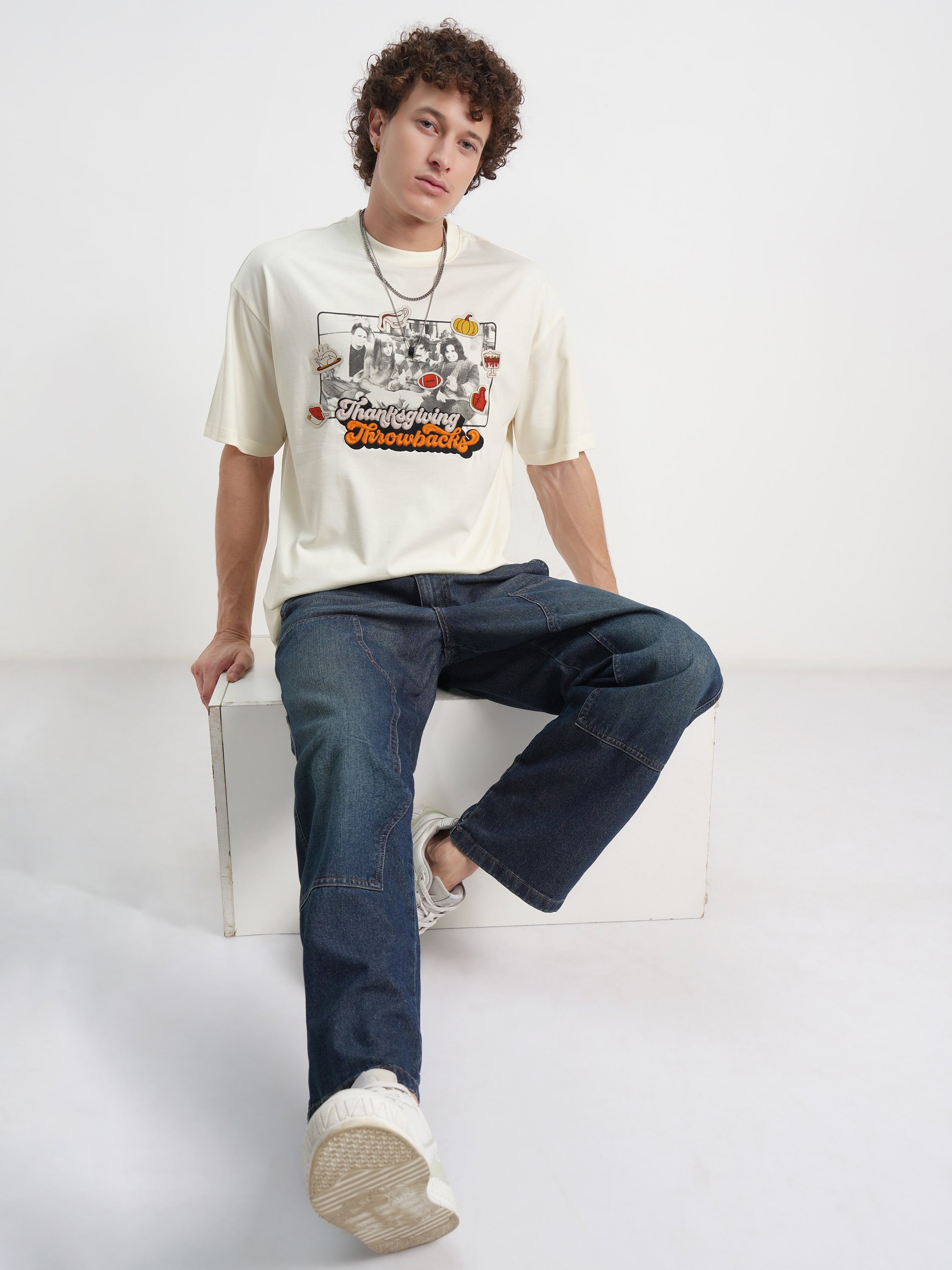 WB By Highlander Men Off White Friends Printed Round Neck Oversized Fit T-Shirt - Off White - Image 2