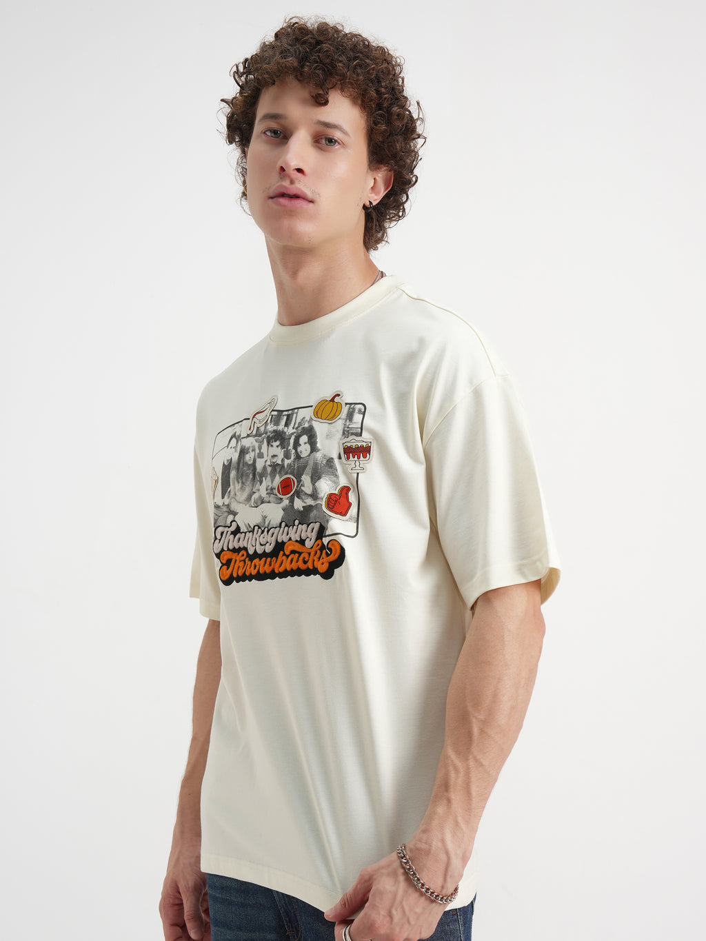 WB By Highlander Men Off White Friends Printed Round Neck Oversized Fit T-Shirt - Off White - Image 4