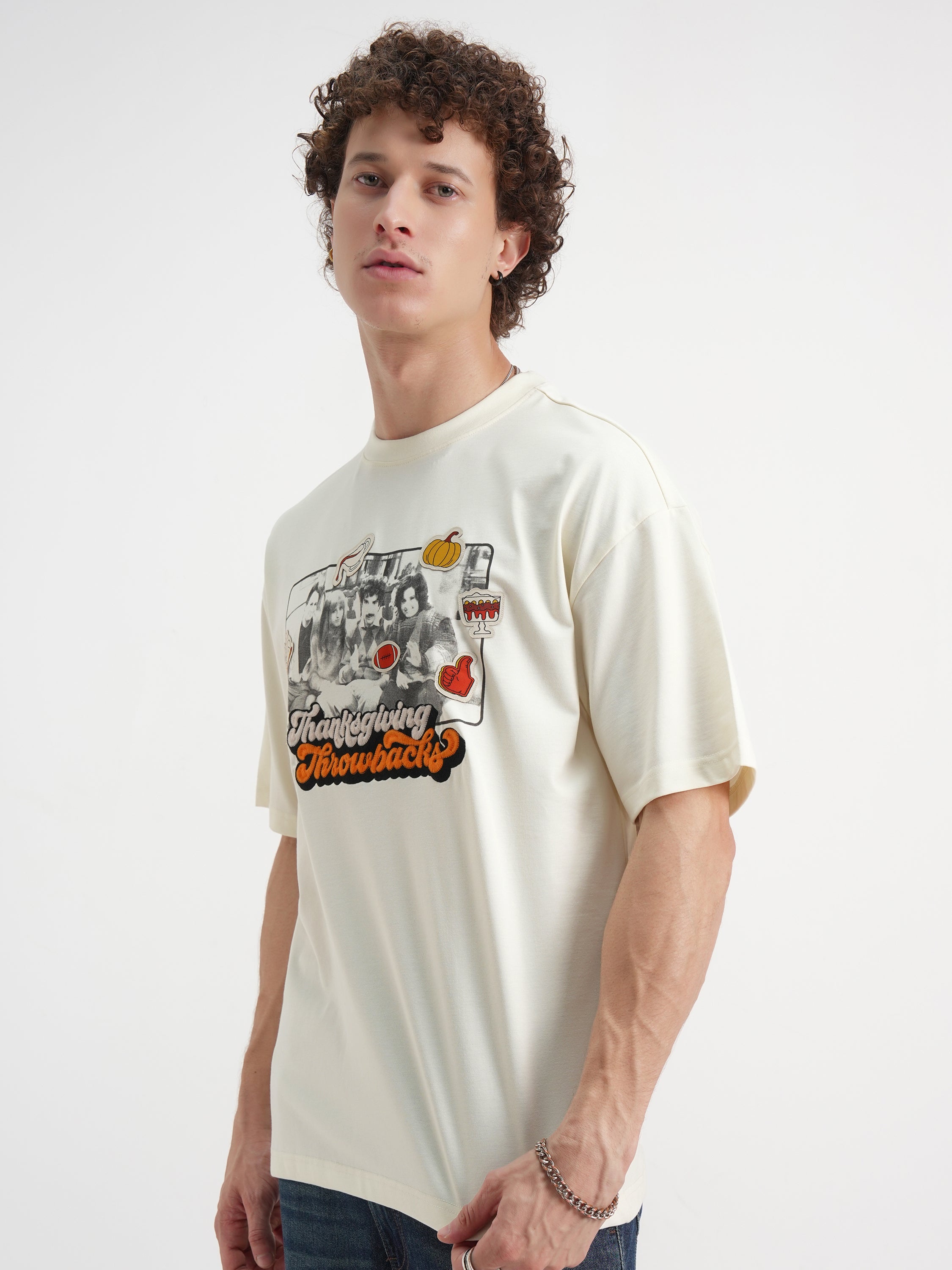 WB By Highlander Men Off White Friends Printed Round Neck Oversized Fit T-Shirt - Off White - Image 4