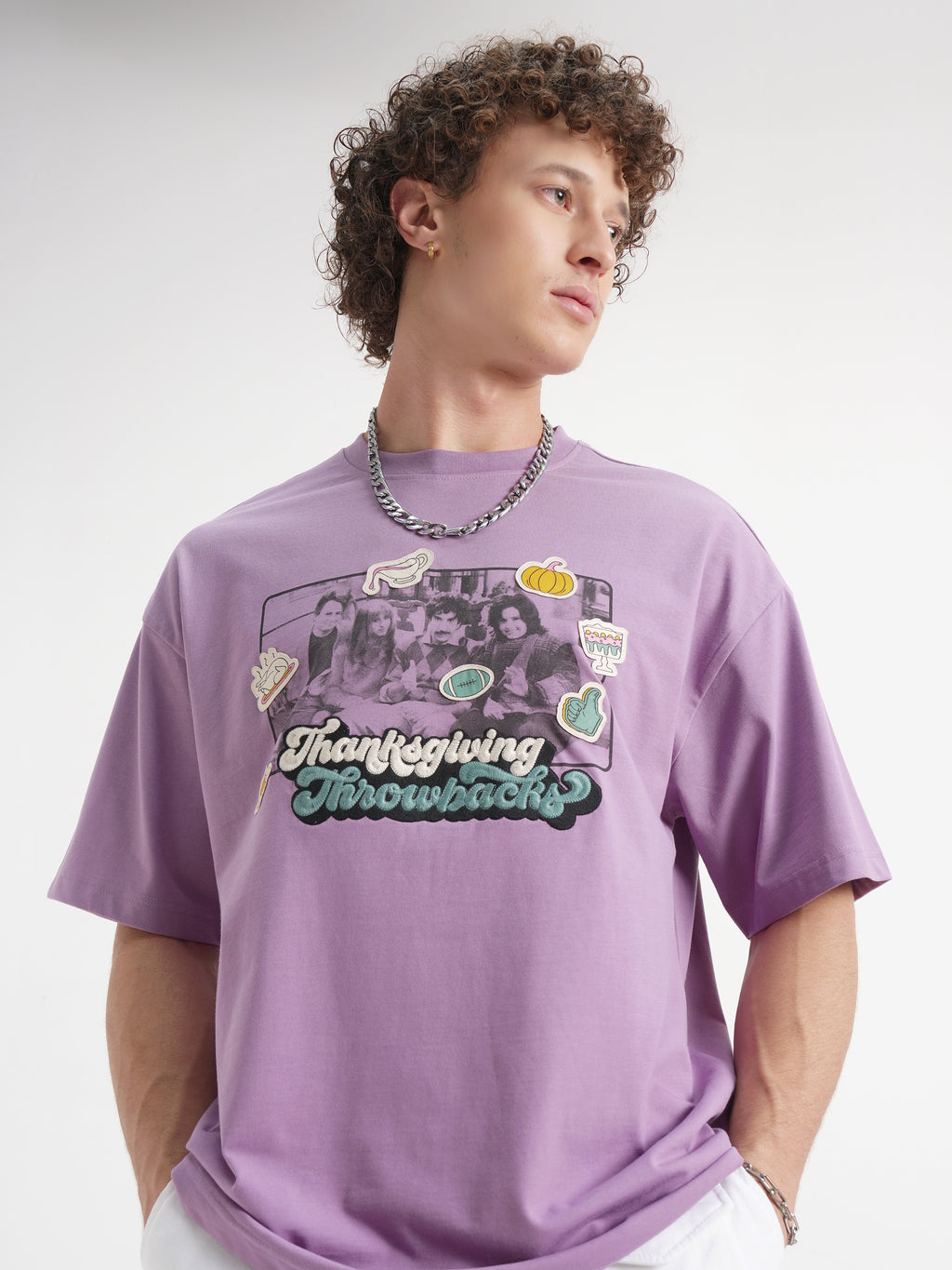 WB By Highlander Men Lavender Friends Printed Round Neck Oversized Fit T-Shirt - Lavender - Image 1