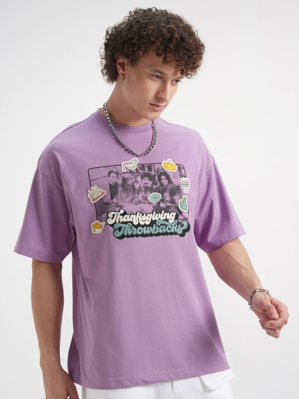 WB By Highlander Men Lavender Friends Printed Round Neck Oversized Fit T-Shirt - Lavender - Image 6
