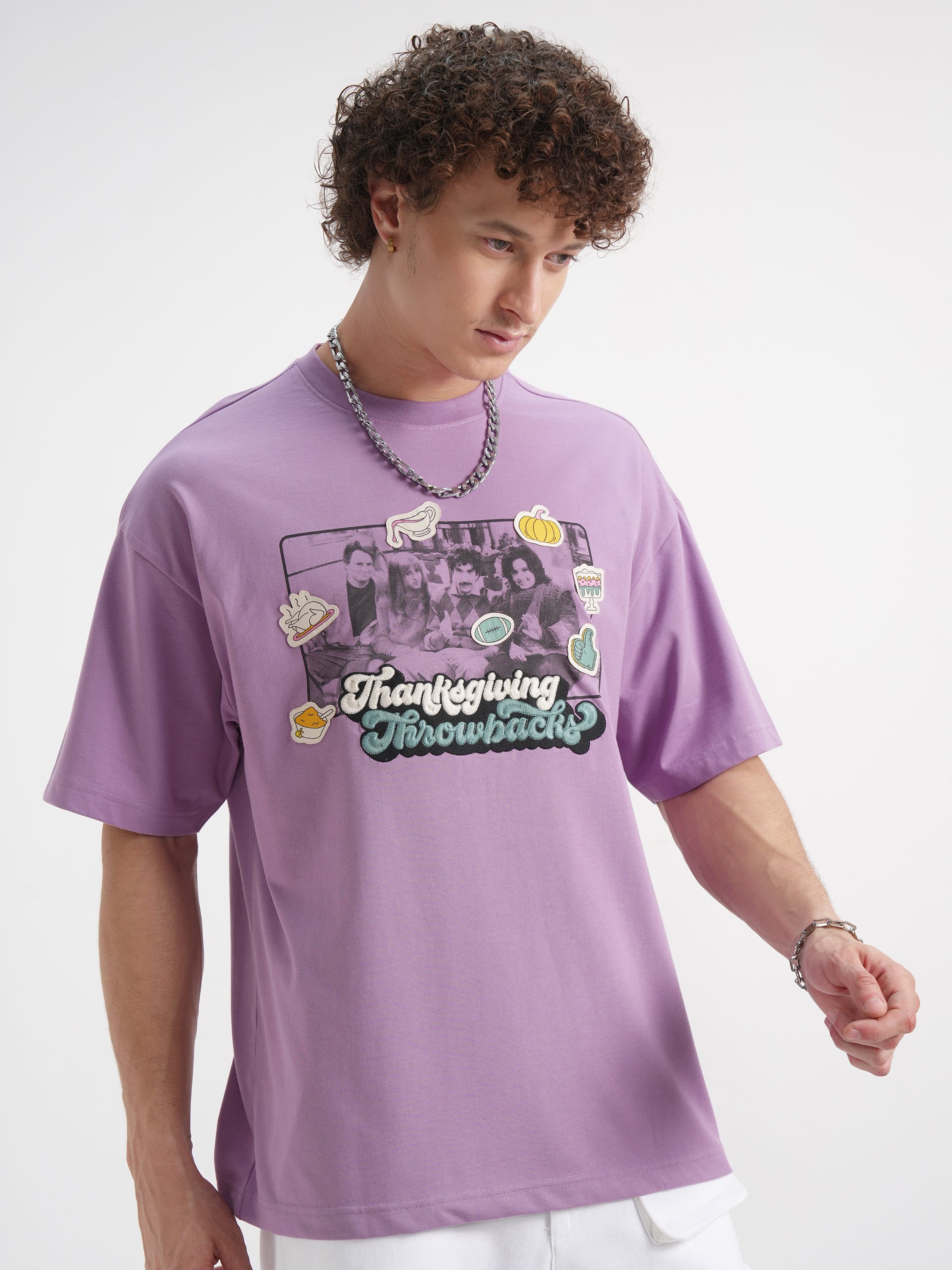 WB By Highlander Men Lavender Friends Printed Round Neck Oversized Fit T-Shirt - Lavender - Image 6
