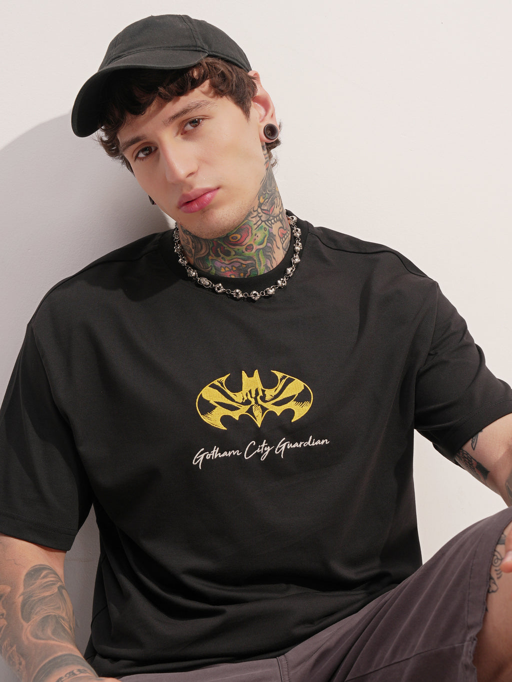 DC By Highlander Men Black Batman Embroidered Round Neck T-Shirt - Black - Image 1