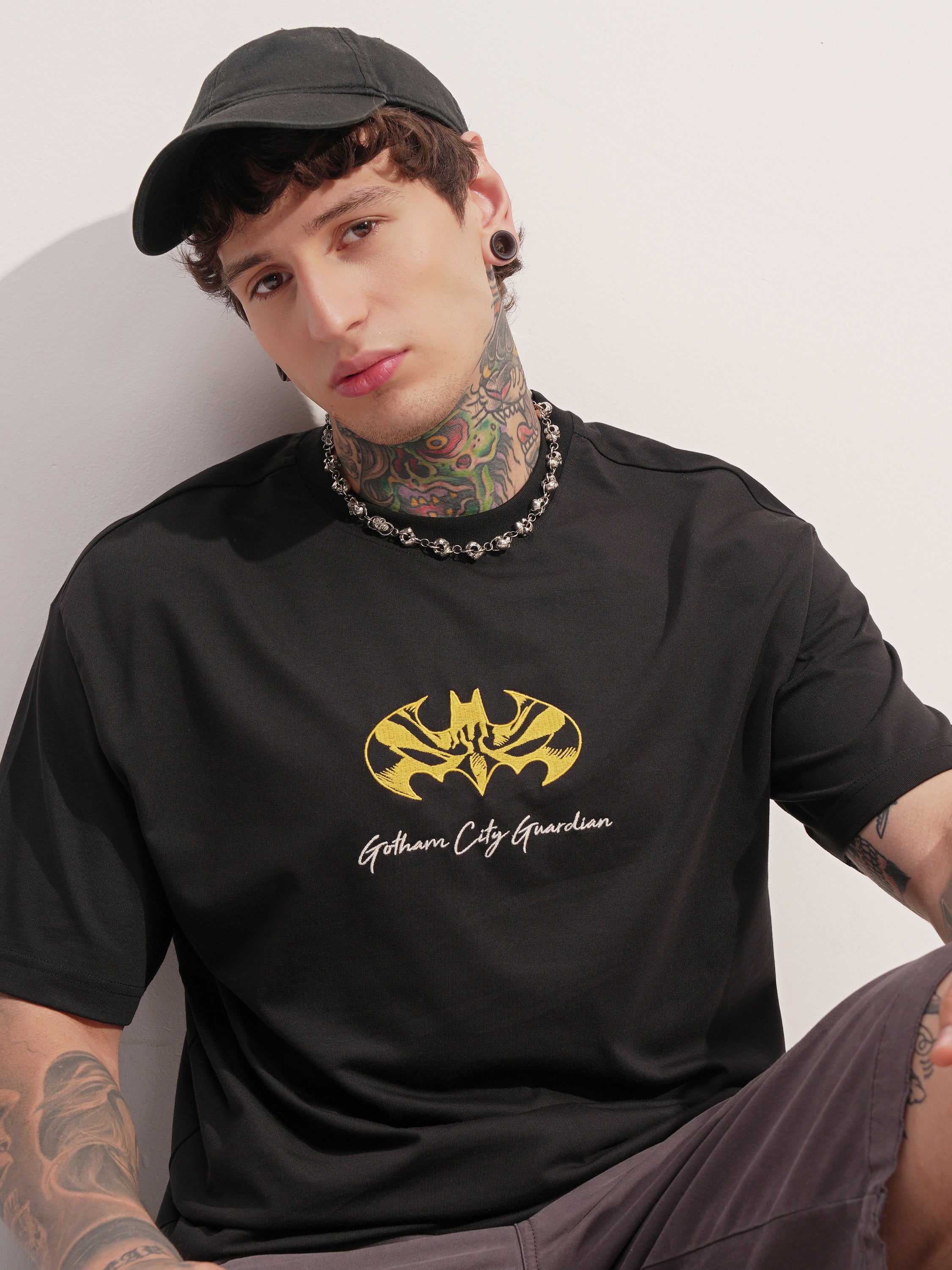 DC By Highlander Men Black Batman Embroidered Round Neck T-Shirt - Black - Image 1