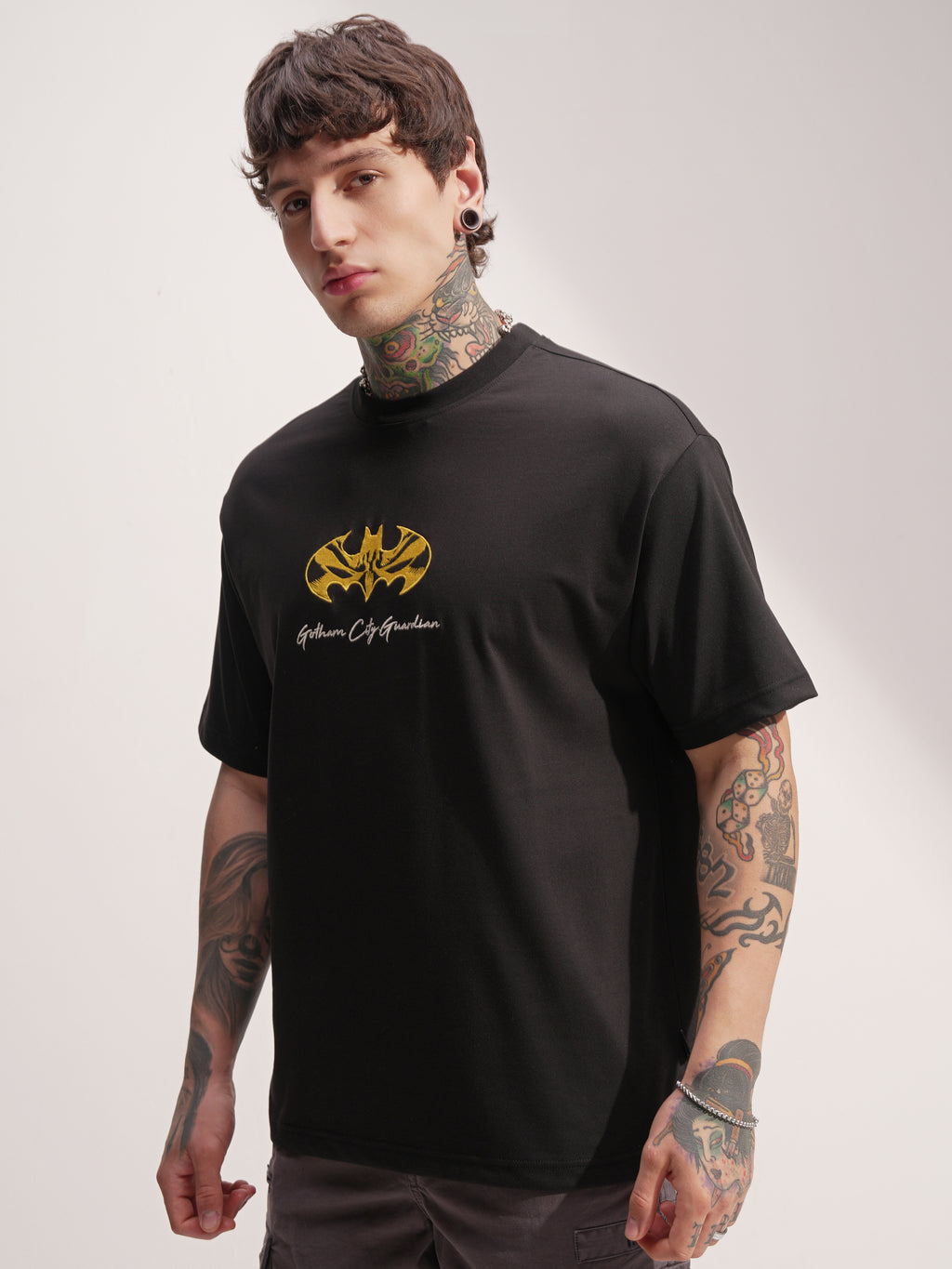 DC By Highlander Men Black Batman Embroidered Round Neck T-Shirt - Black - Image 4