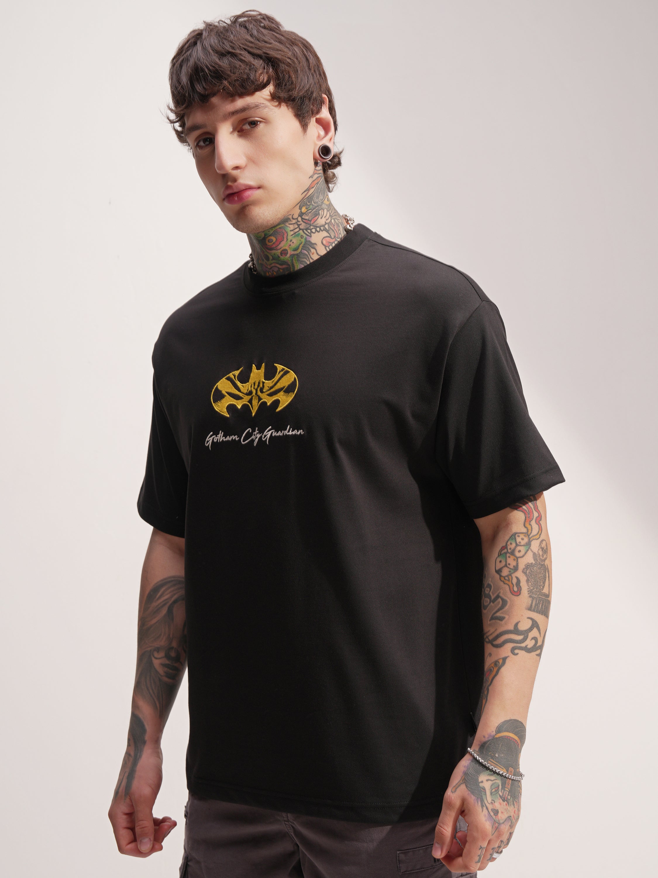DC By Highlander Men Black Batman Embroidered Round Neck T-Shirt - Black - Image 4