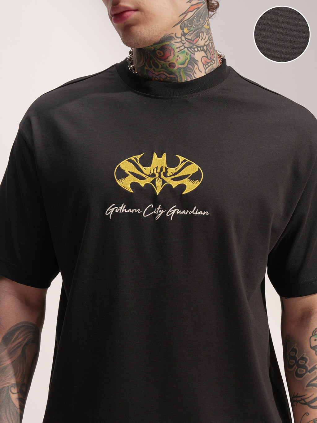 DC By Highlander Men Black Batman Embroidered Round Neck T-Shirt - Black - Image 5
