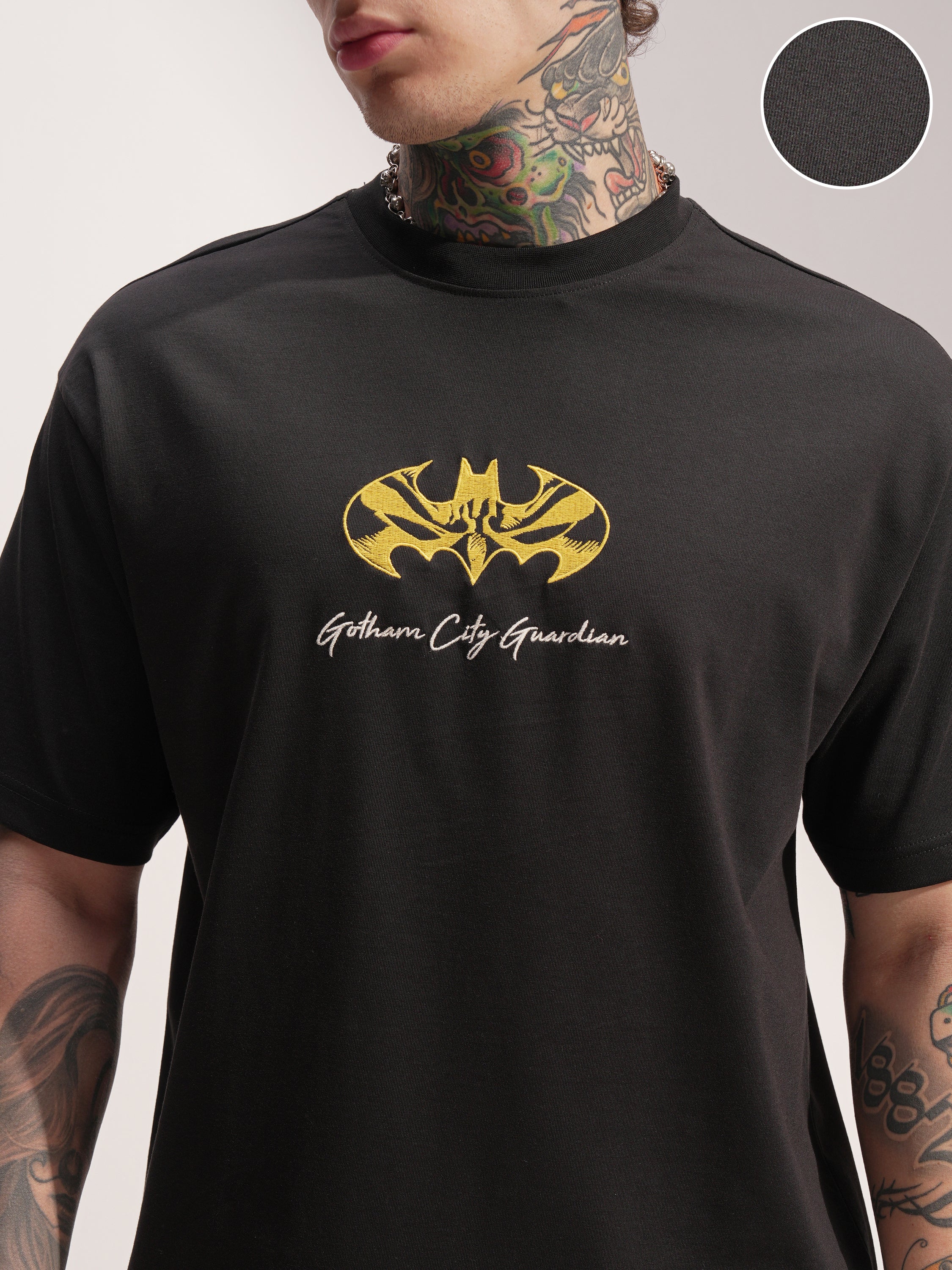 DC By Highlander Men Black Batman Embroidered Round Neck T-Shirt - Black - Image 5