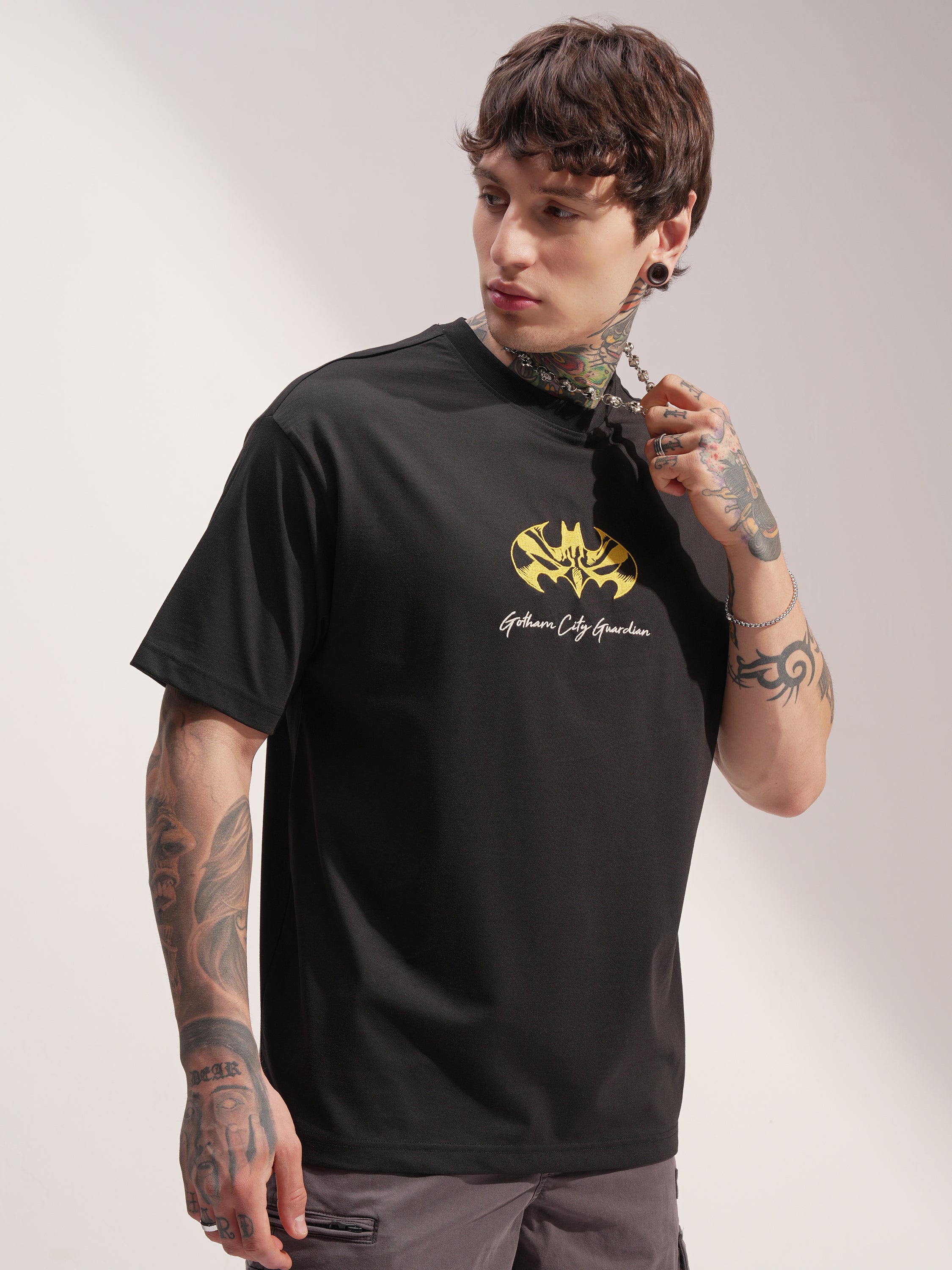 DC By Highlander Men Black Batman Embroidered Round Neck T-Shirt - Black - Image 6